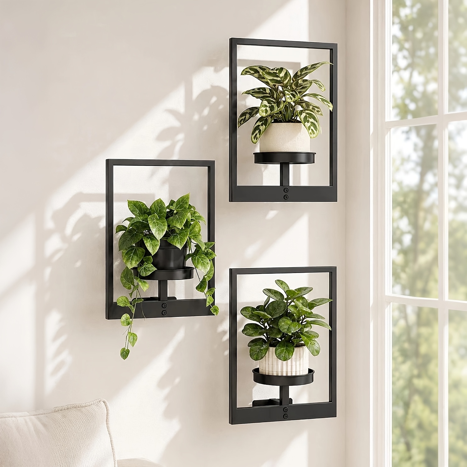 Image of Bamworld 3-pack Indoor Plants Hanging Wall Decor For Living Room, Including Wall Plant Hooks And A Window Plant Shelf For Indoor Plant Stands And Outdoor Entrance Use