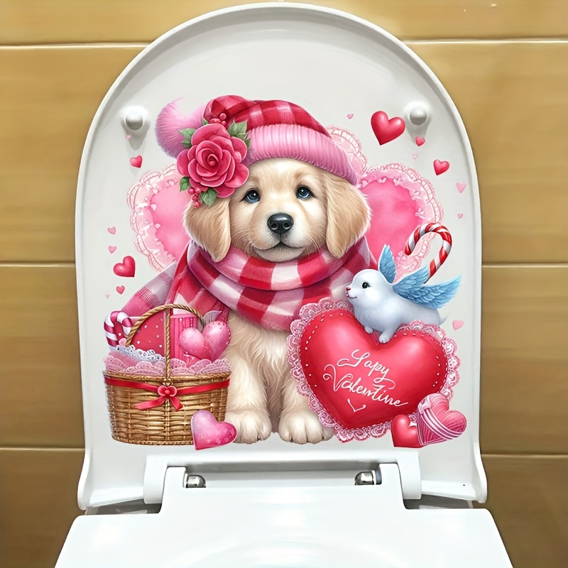 

Valentine's Day Puppy Toilet Seat Decal - Self-adhesive, Bathroom Sticker For Home & Wall Decor, Toilet Seat Stickers, Holiday Decor Decals