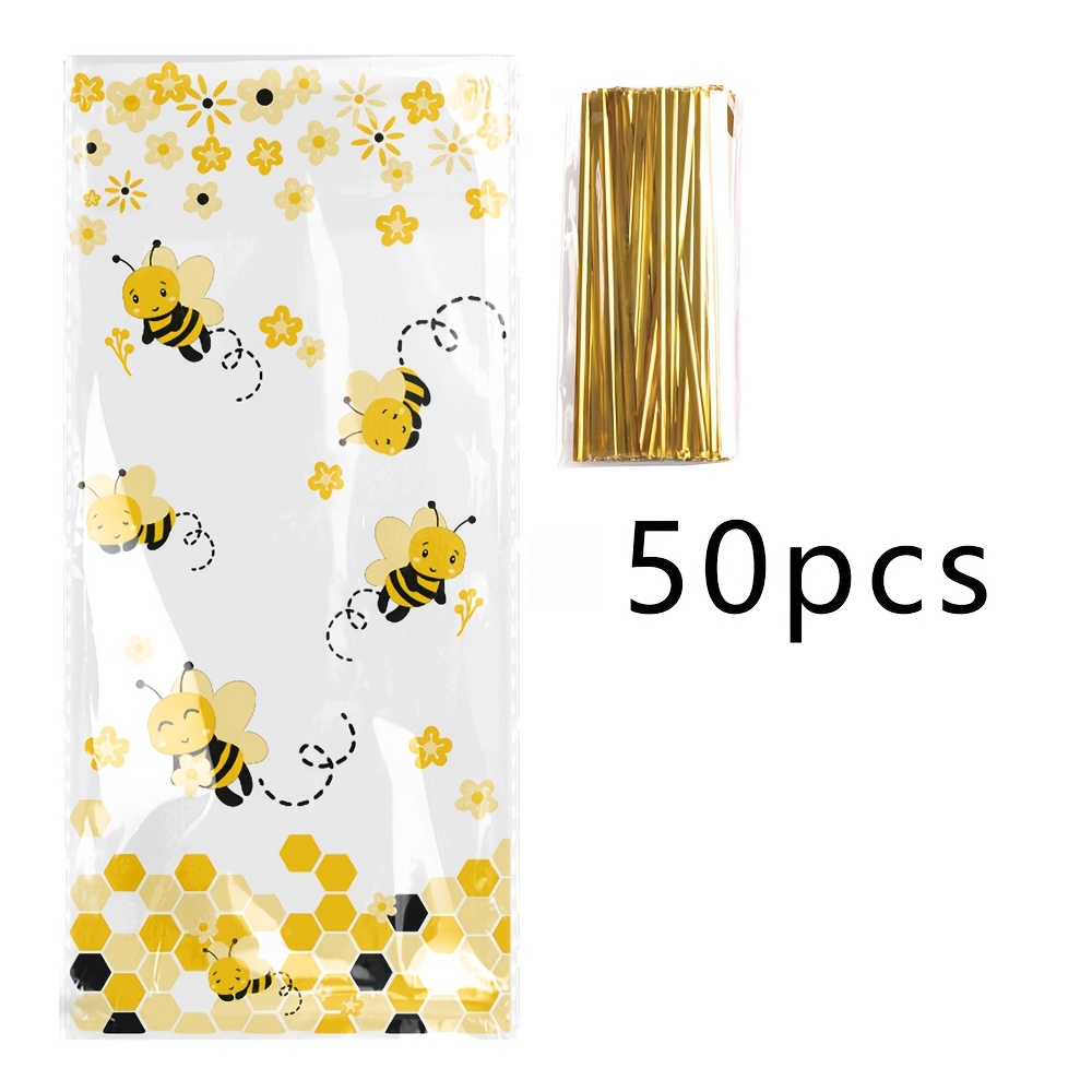 Image of 50 Bee-themed Party Favor Bags Made Of Cellophane, Including 60 Golden Ties, Perfect For Birthday Celebrations And Bathing Parties