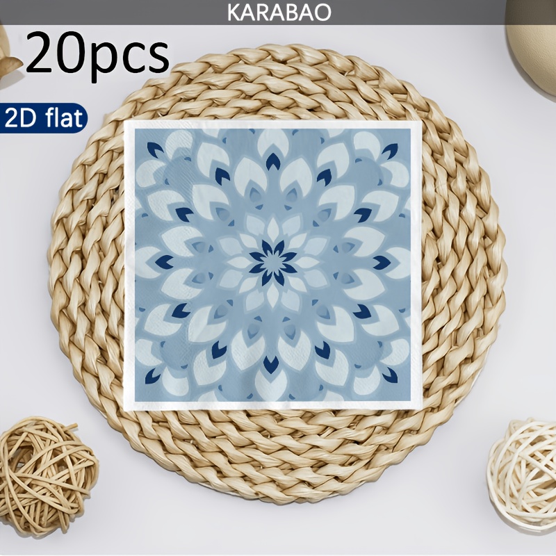 TEMU 20pcs, Blue White Geometric Pattern Napkins, Design, Suitable For Home And Office Scenes, Double Thick Wood Paper, Not Easy To Tear When Wet,