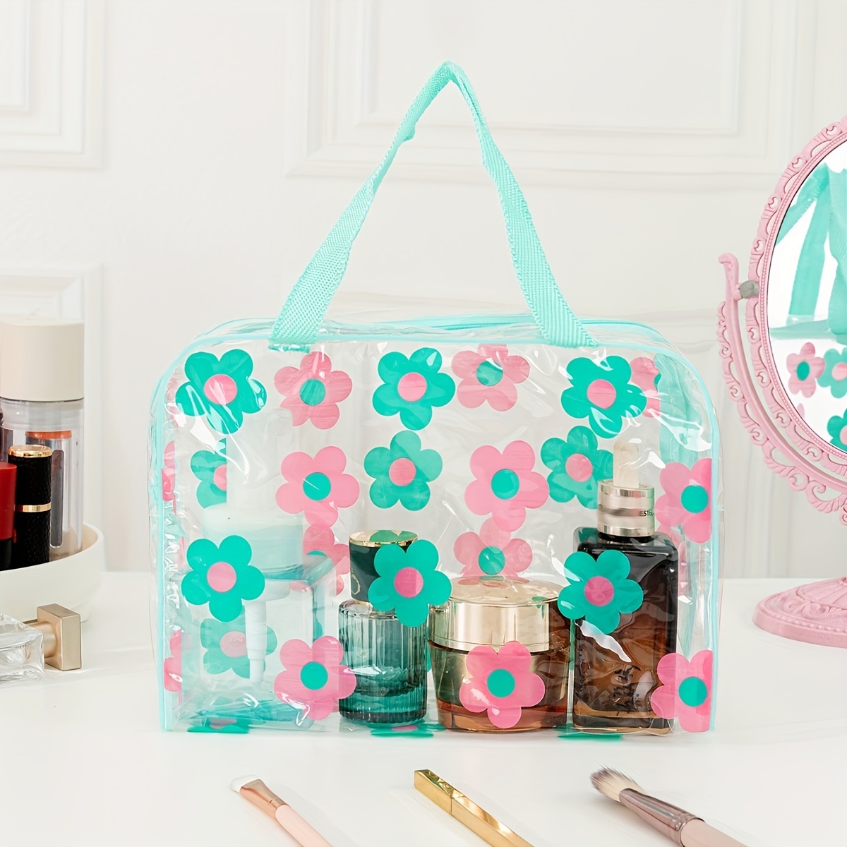 

1pc Transparent Waterproof Cosmetic Bag With , Travel Toilet Bag, Handbag Organizer With Handle, Beach Bag, Home Storage Accessories