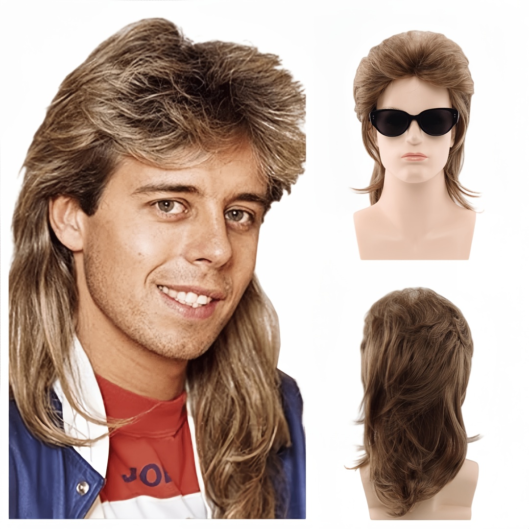 Men's 80s Light Brown Mullet Wig With Layered Wolf Tail Hairpiece - Synthetic Costume Wig Suitable For Halloween, Cosplay, Pirate Parties, Rocker Style, For, Wig For Themed Events & Carnival Costume