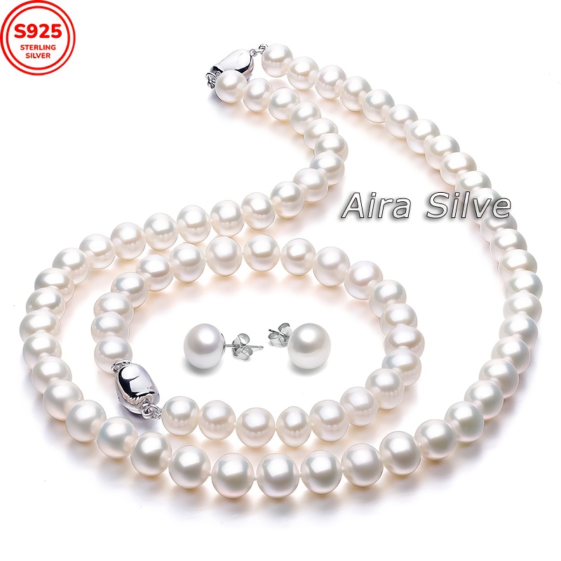 TEMU Ensemble de de perles d'eau douce en argent sterling 925 pour femmes, ensemble trois pièces, collier de perles d'eau douce cultivées, perles