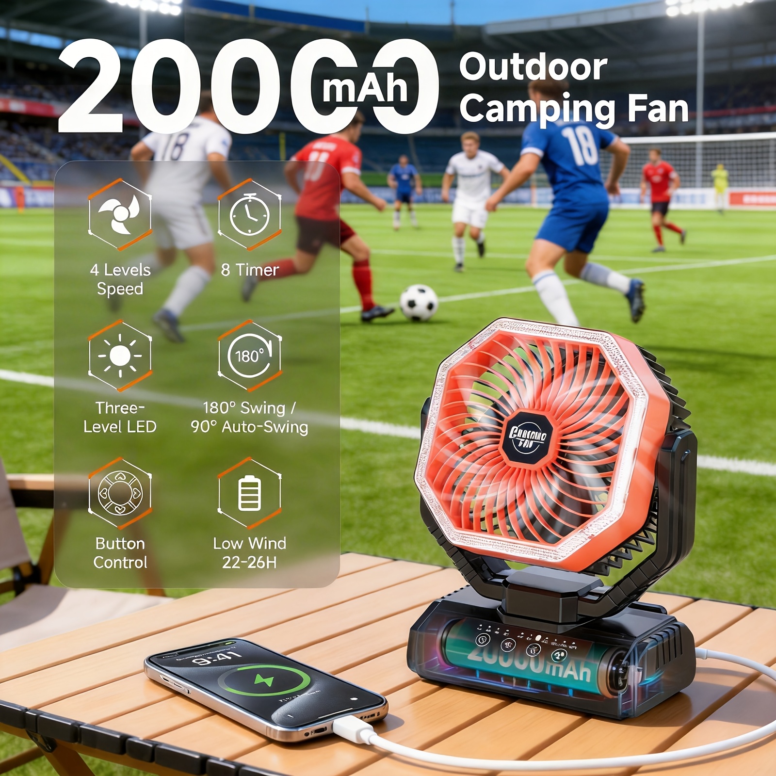 20000mah outdoor fan with led light   brushless motor 180 oscillating portable fan 22 26 hours of   usb rechargeable for camping hiking picnics and emergency  
