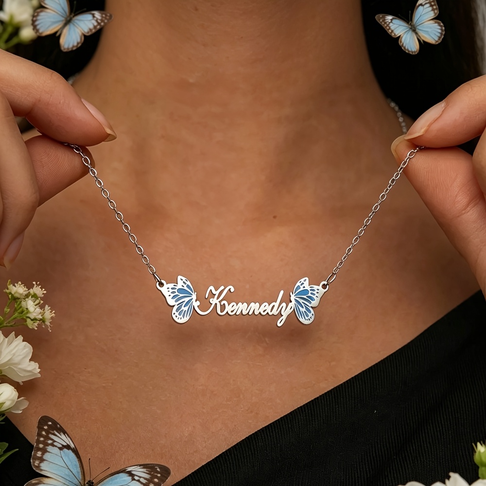 Custom Name Golden Colorful Butterfly Necklace, Personalized