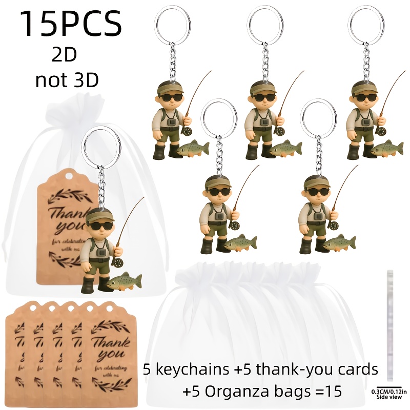 TEMU Ensemble de boîte cadeau de 15 porte-clés style plat 2D (unisexe) - Design 2D, 15 porte-clés, avec porte-clés pour canne à pêche - Contient (5