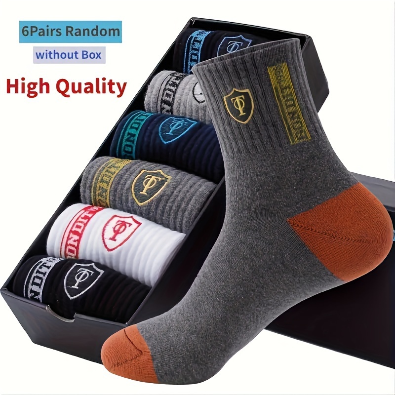 TEMU 6-pack Embroidered Athletic Cotton Blend Socks For Men, Breathable Woven Ankle Sweat-absorbent Socks