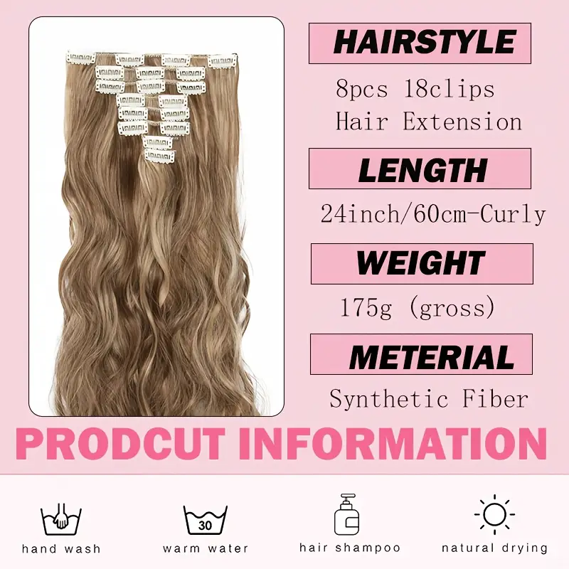8pcs long clip-in hair extensions - waves, light to dark brown gradient, synthetic fiber hairpiece with clips for women - wedding, party, everyday volume & length - adds instant length & body details 3