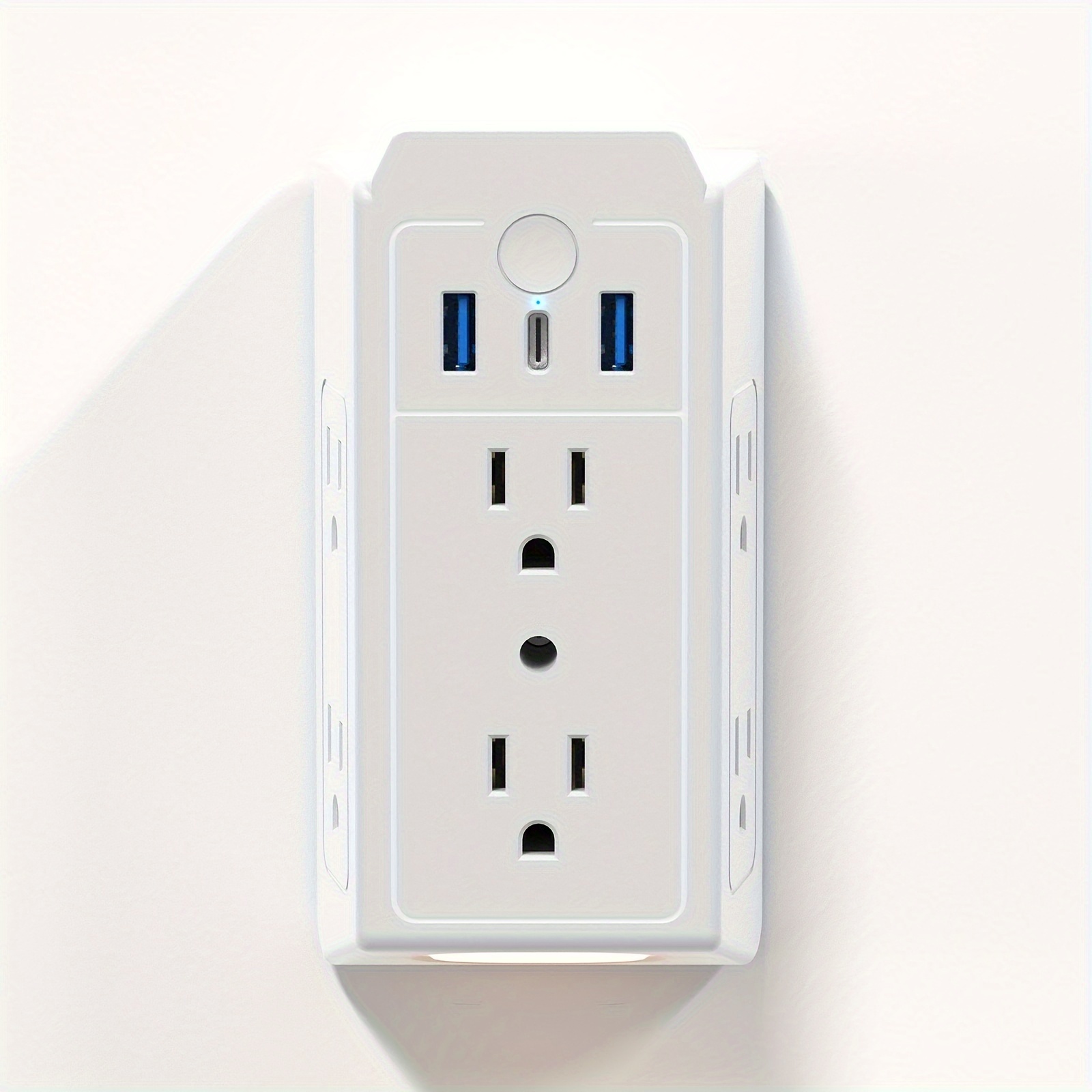 TEMU 9-in-1 Usb Wall Charger With Protector, 3 Usb-c/6 Ac Outlets & Night Light - Smart Charge Ports, Phone Holder, 2. 1" Wide For Home Office School