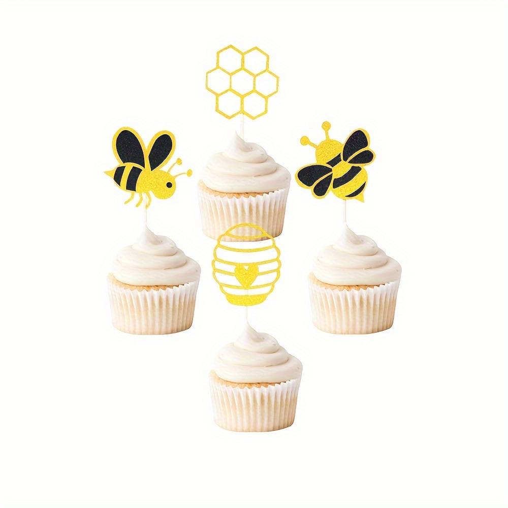 

48 Pcs Bee Cupcake Toppers Glitter Heart Honeycomb Bee Cupcake Picks Baby Shower Cake Decorations For Bee Theme Baby Shower Birthday Party Supplies