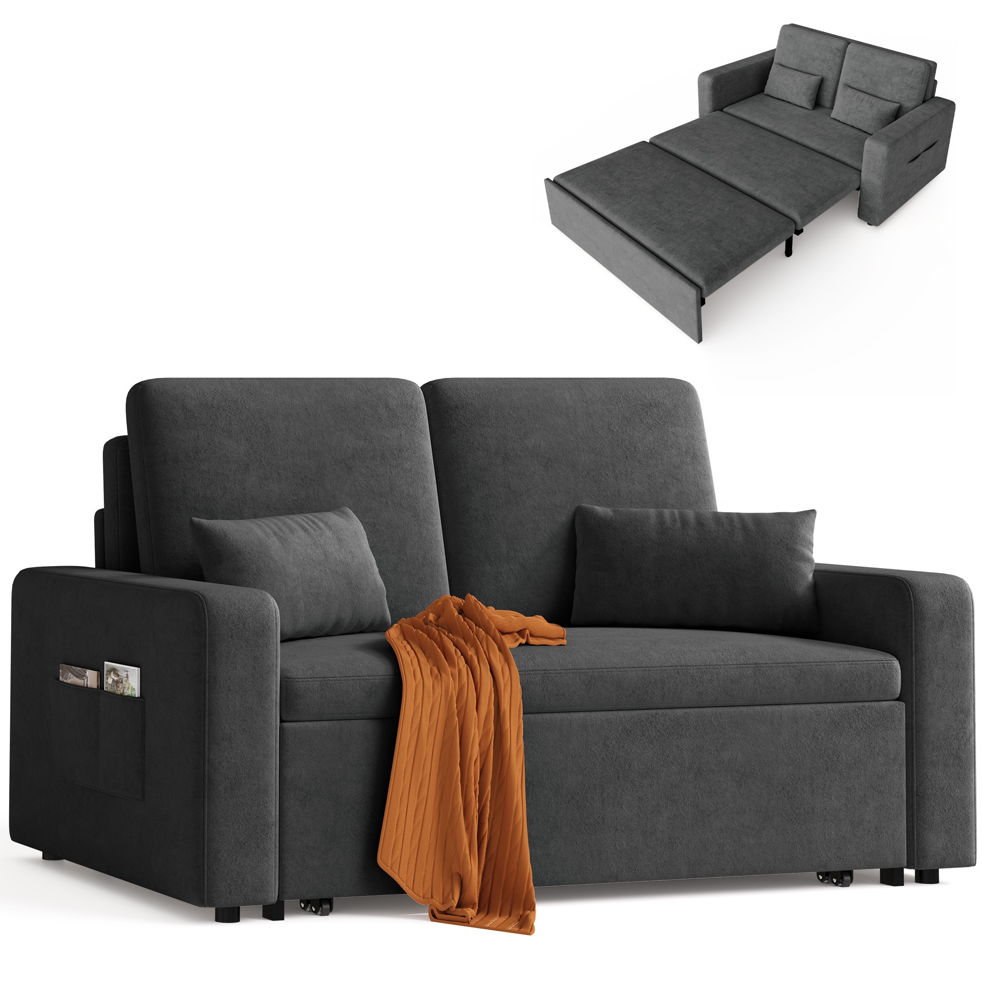 Image of Double Sofa, 3-in-1 Sofa Bed With 2 Soft Sponge Pillows, Modern Minimalist Style Sofa With Side Pocket, Indoor Sofa Velvet Fabric, Off-white/dark Gray
