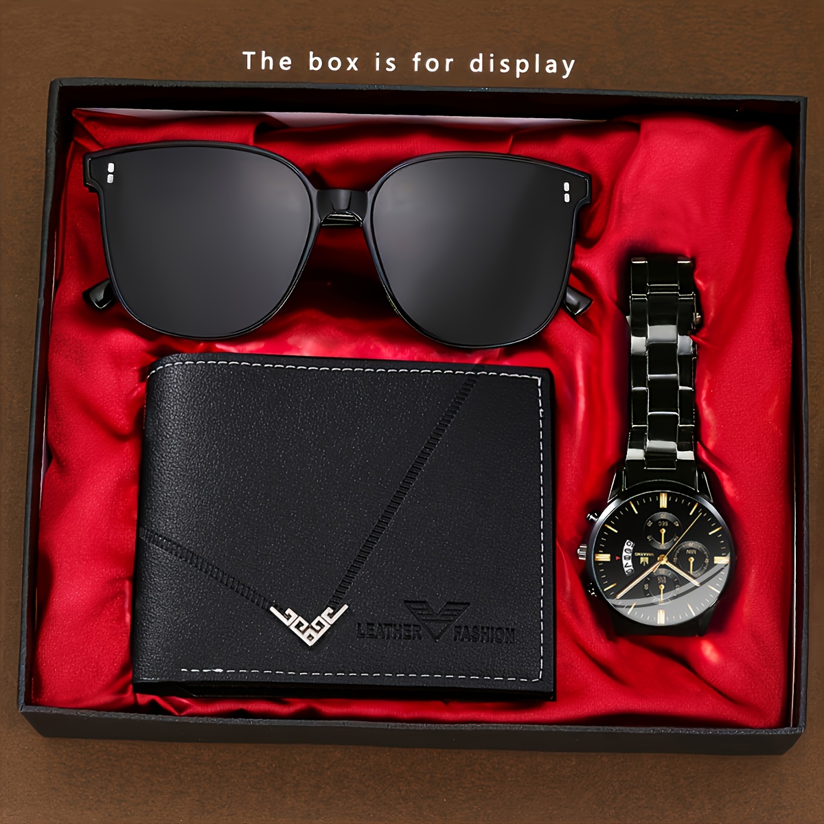 3pcs sporty steel band watch exquisite wallet and fashion glasses mens watch set a surprise gift for his christmas and valentines day birthday birthday present holiday surprise stylish accessory modern wristwatch durable steel band detailing watch mens wristwatch fashionconscious men stylish valentines day watch jewelry for men Product details 1