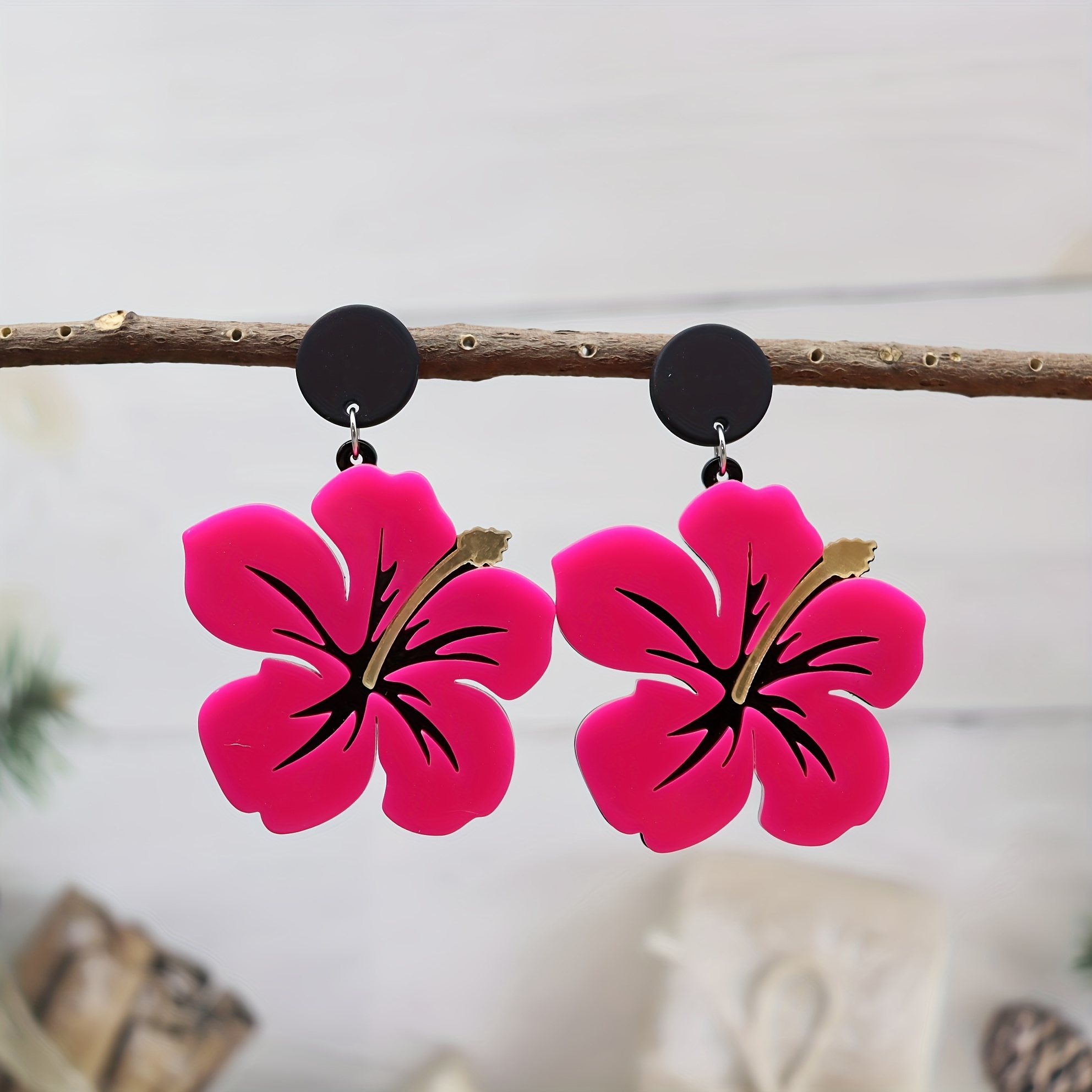 

Vintage Boho Style Hibiscus Acrylic Drop & Dangle Earrings - Stainless Steel Ear Needle, No Plating, Fashionable Pink Floral Design For Daily & Party Occasions