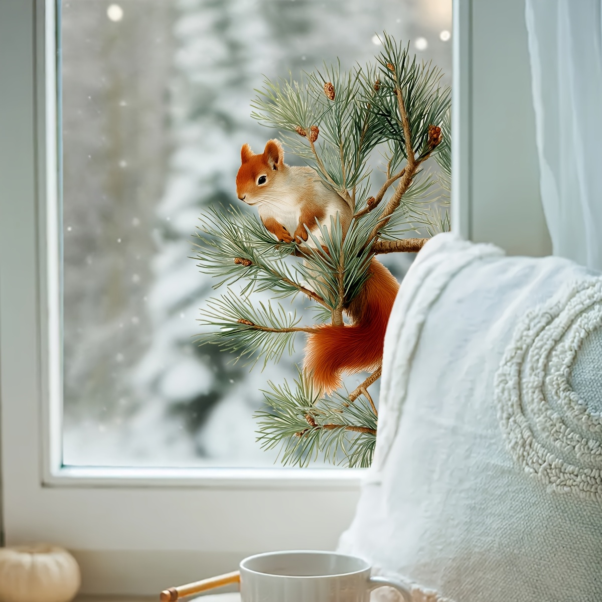 TEMU 1pc Realistic Red Squirrel On Pine Branch Window Sticker, Holiday Winter Themed Animal Glass Decal, Removable Self-adhesive Window Cling,