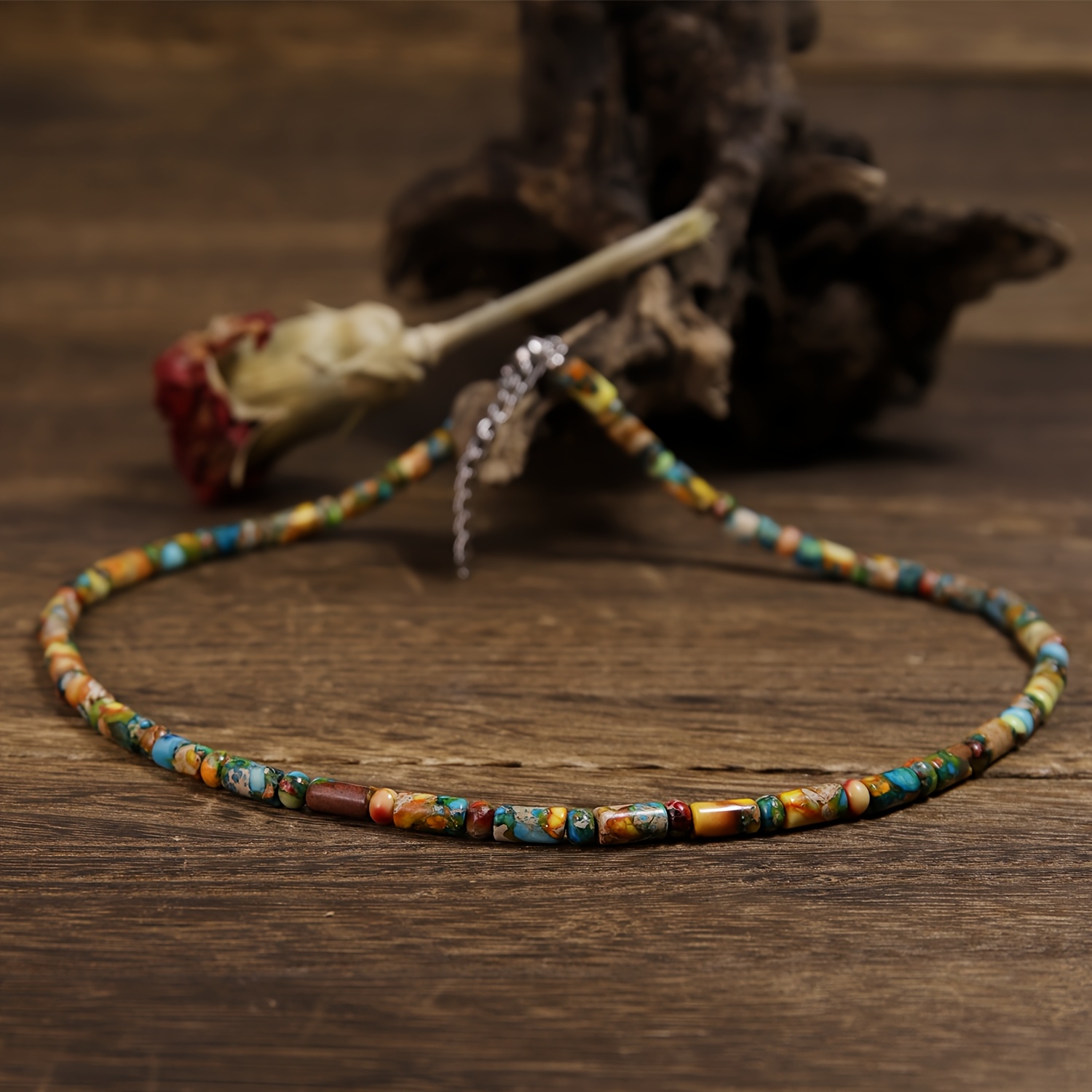 Image of 1pc Bohemian Women's Necklace Made Of Natural Stone - Features A Colorful Stone Cylinder Pendant, Handcrafted With Bright Colors