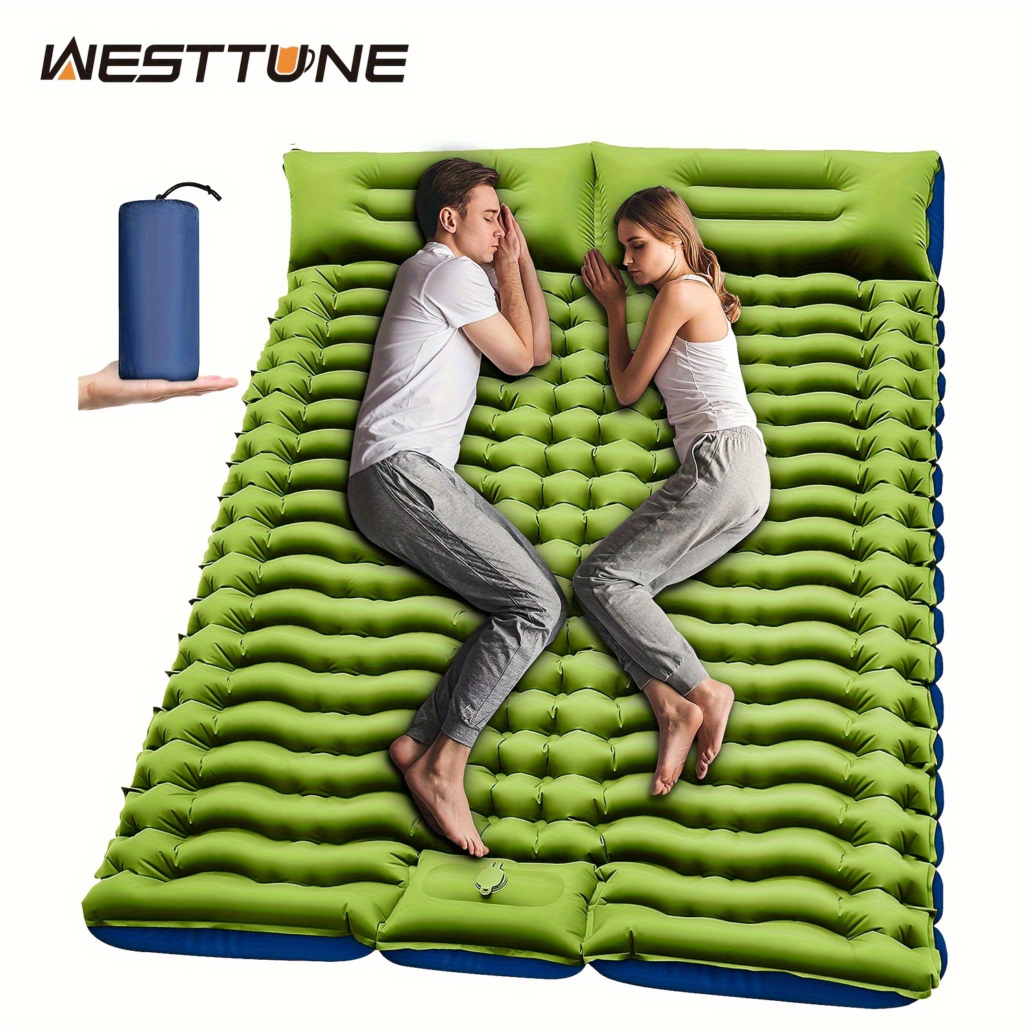 

Double Sleeping Pad - Self Inflating 4" Extra-thick Camping Mattress For 2 Person With Pillow, Built-in Foot Pump, Inflatable Sleeping Mat For Backpacking, Hiking, Traveling, Tent