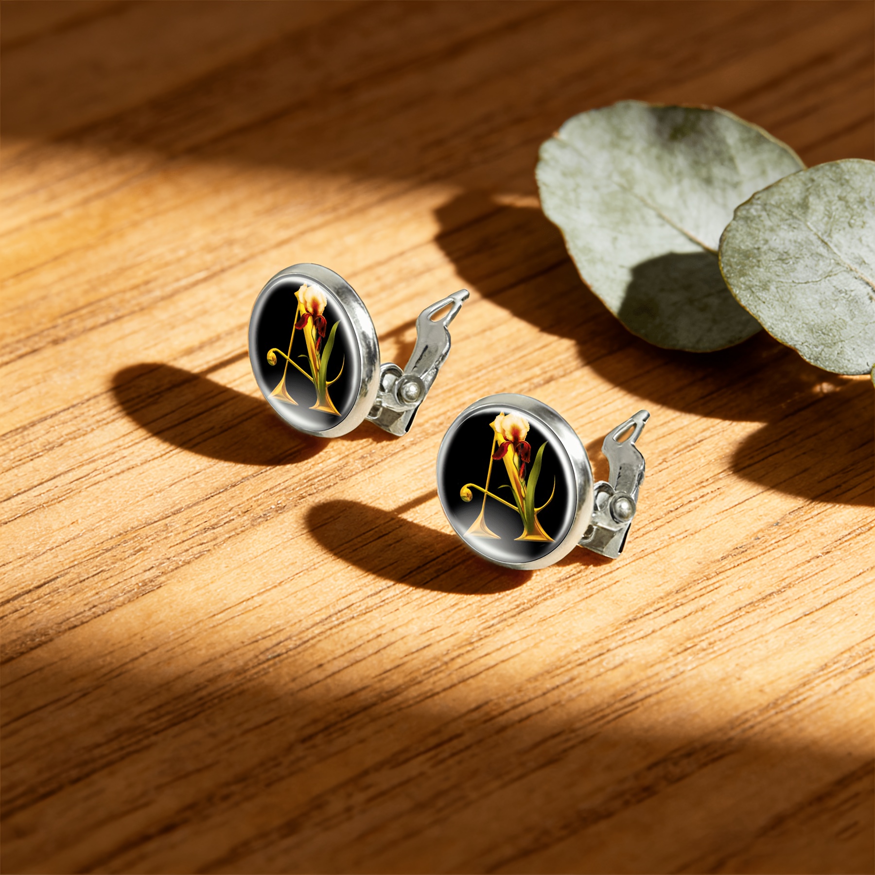 2pcs No-Pierced Ear Clip Round Glass Face Earrings, Yellow Iris Design