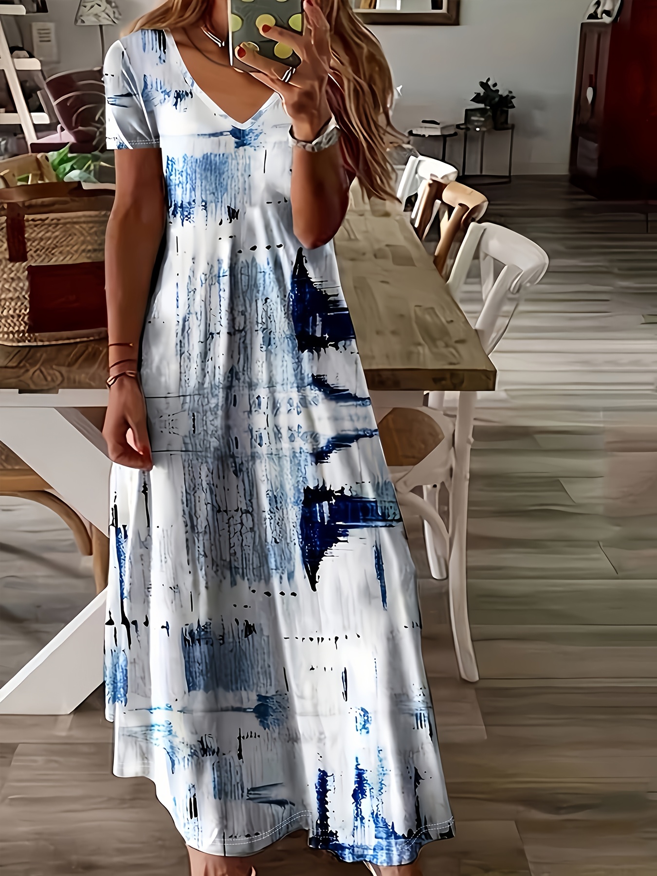 womens casual v neck short sleeve tie dye a line maxi dress Temu