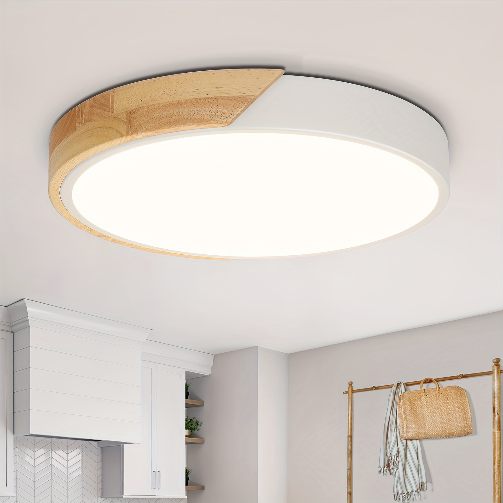 

Plafonnier LED rond en bois blanc, plafonnier en bois, blanc 4500K, blanc chaud 3000K, plafonnier LED rond avec abat-jour en acrylique pour chambre à coucher, salle à manger, buanderie, couloir