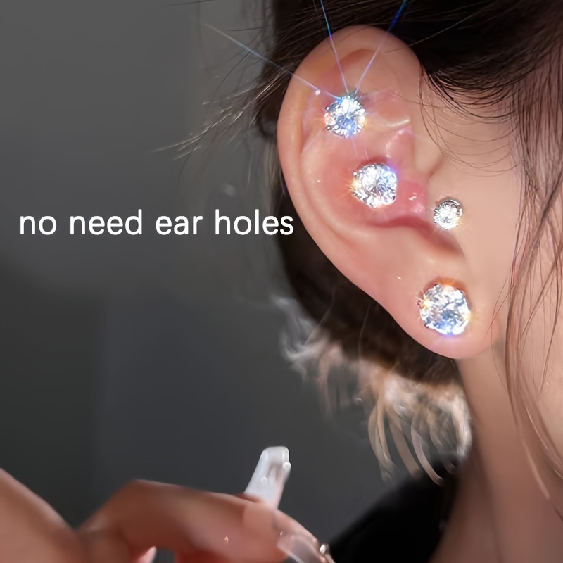 2pcs/1 pair 6mm 8mm Shiny Synthetic Zirconia Stainless Steel Stud Earrings, Hip Hop Punk Clip-On Hoop Jewelry for Men and Women, Unisex Birthday Gift