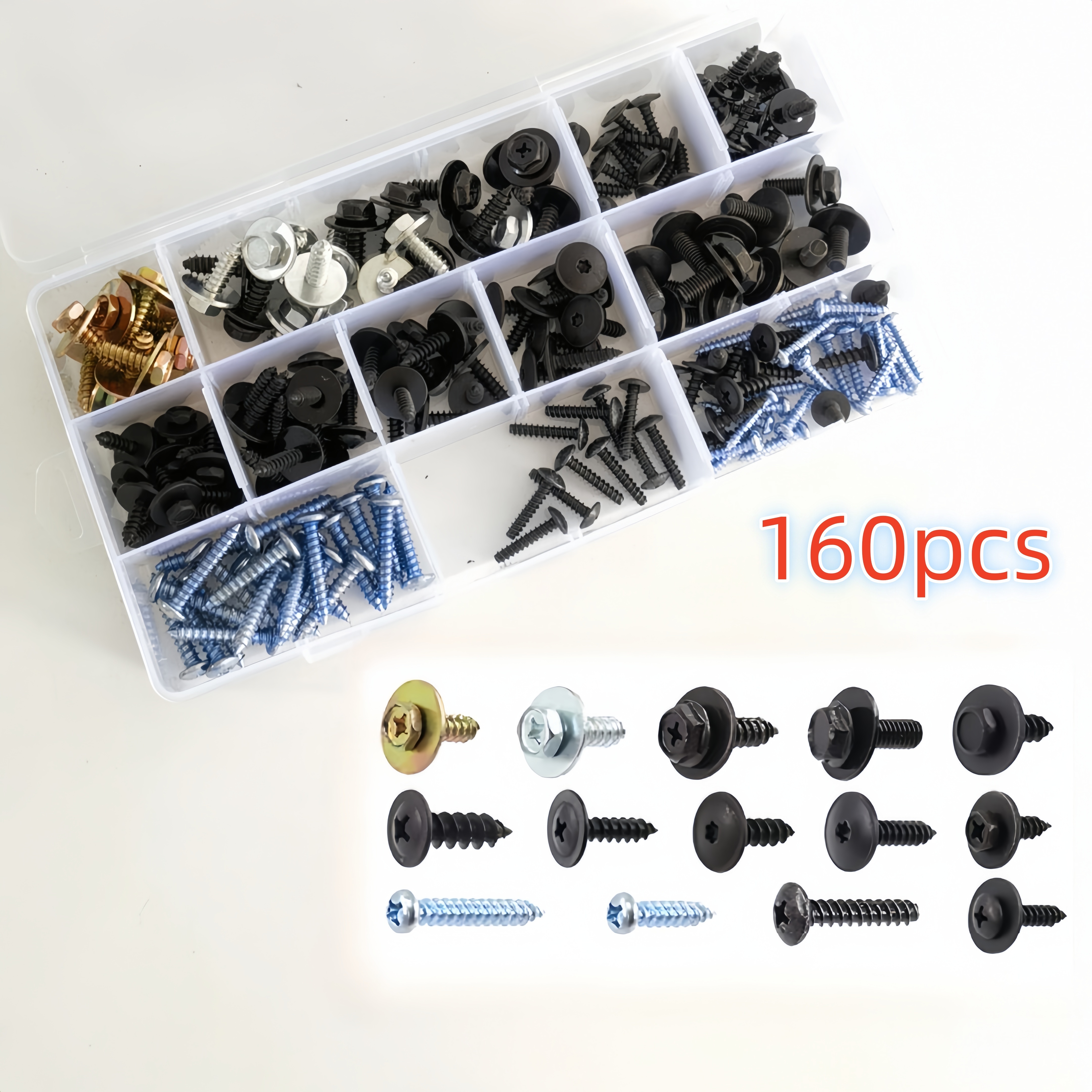 

160pcs Universal Car Self-tapping Screw And Bolt Assortment Kit, Compatible With Ford, For Porsche, For Toyota, For Volkswagen, For Bmw - Auto Body Repair Fasteners Set For Bumper And Fender Fixing