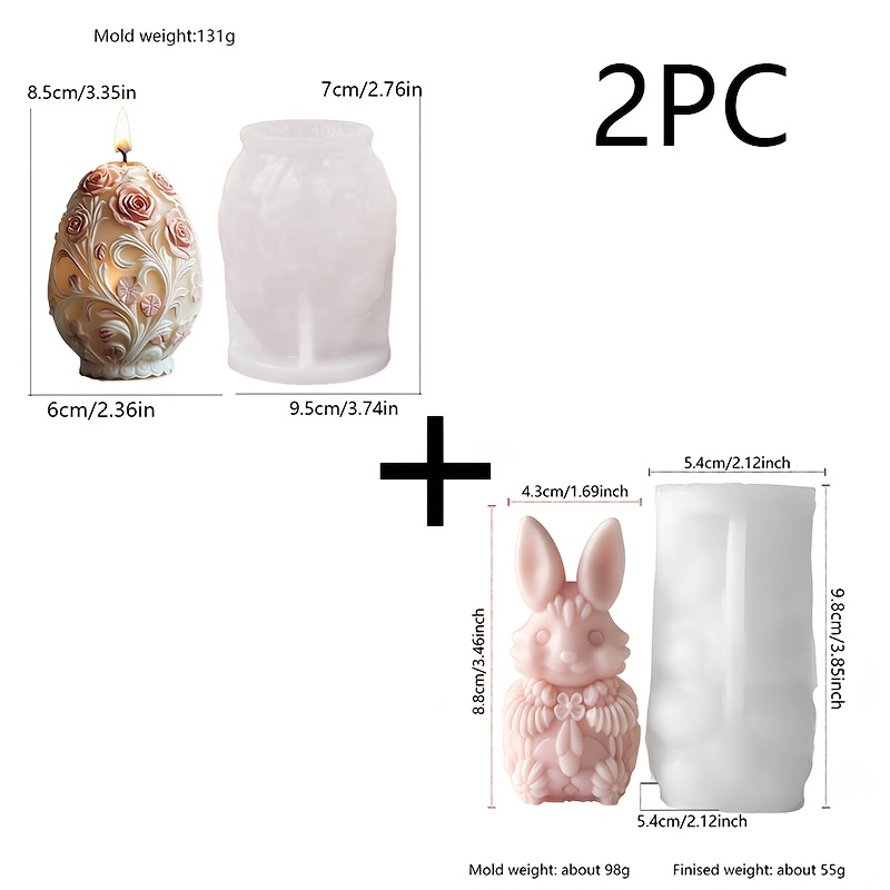 Image of 2pcs Easter Bunny And Mold Set, Reusable Silicone Molds For Candles/sanitizers/resin Crafts, Suitable For Gypsum/ceramic/cement/resin, Decorated With Floral And Bunny Details, Easy Demolding