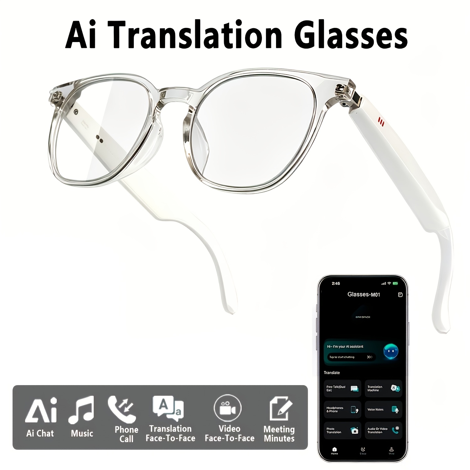 TEMU Lunettes intelligentes IA - Prend en charge la en de plus de 100 langues, les comptes de , la vidéo et les fonctions de chat IA. Ces lunettes