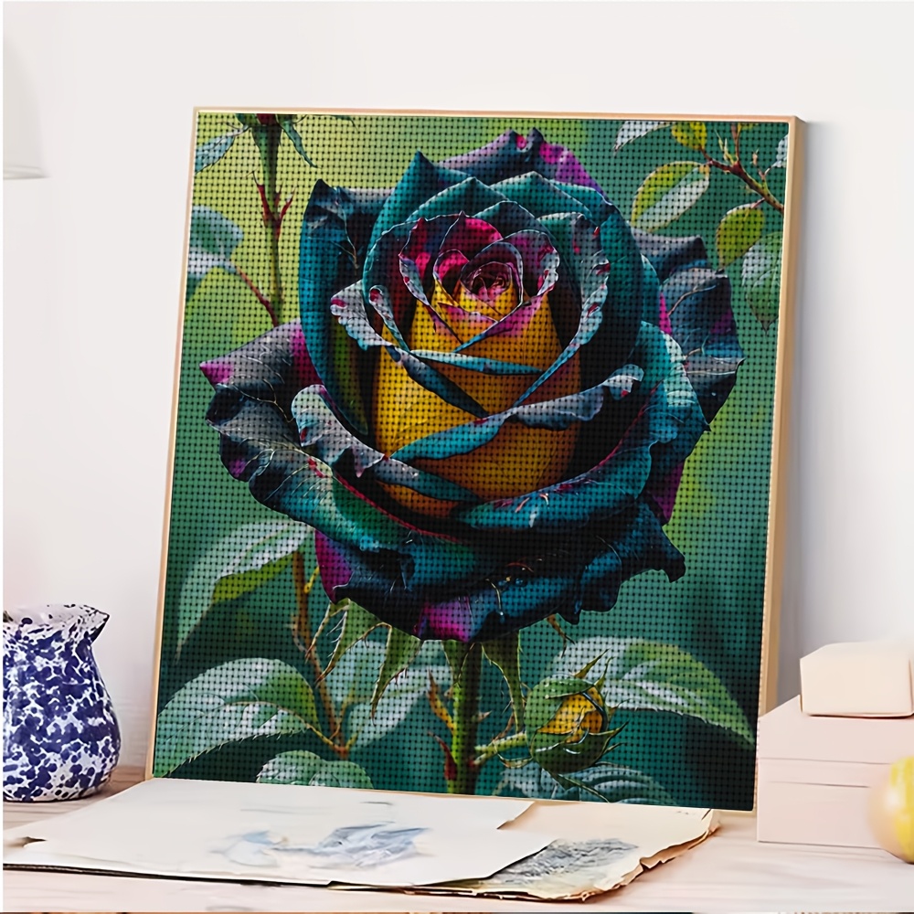 DIY Cross-Stitch Printed Kit with Colorful Roses Blooming Pattern, Unframed