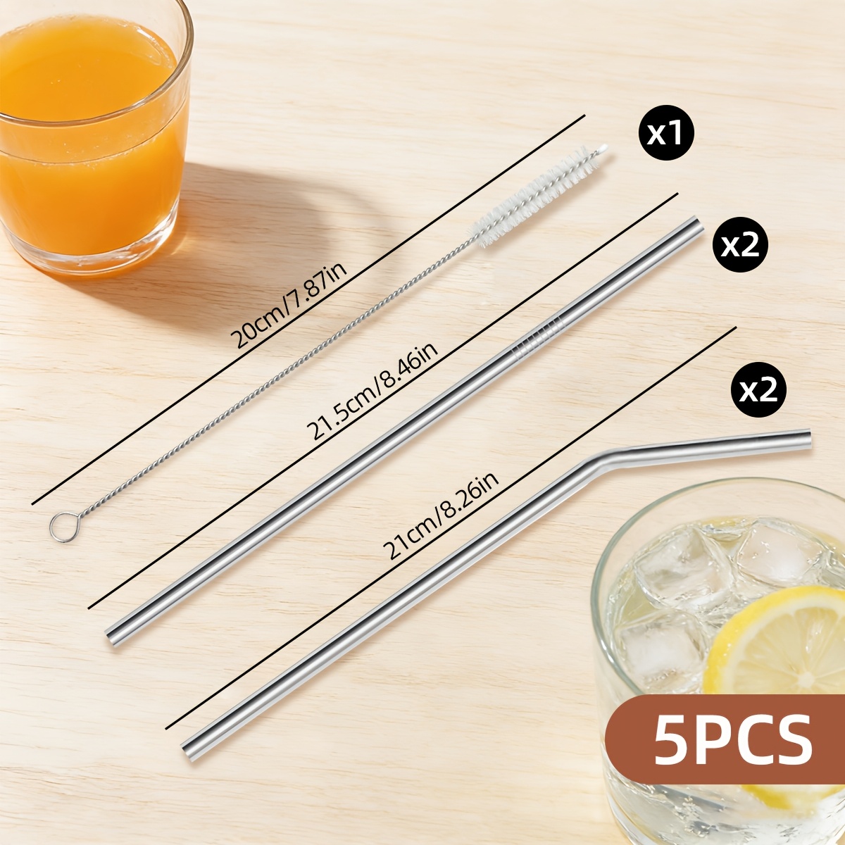 TEMU 5pcs Stainless Steel Straws, Beverage Coffee Milk Tea Straw Set, Reusable Stainless Steel Straw Set, Including Straight And Bent Straws, With