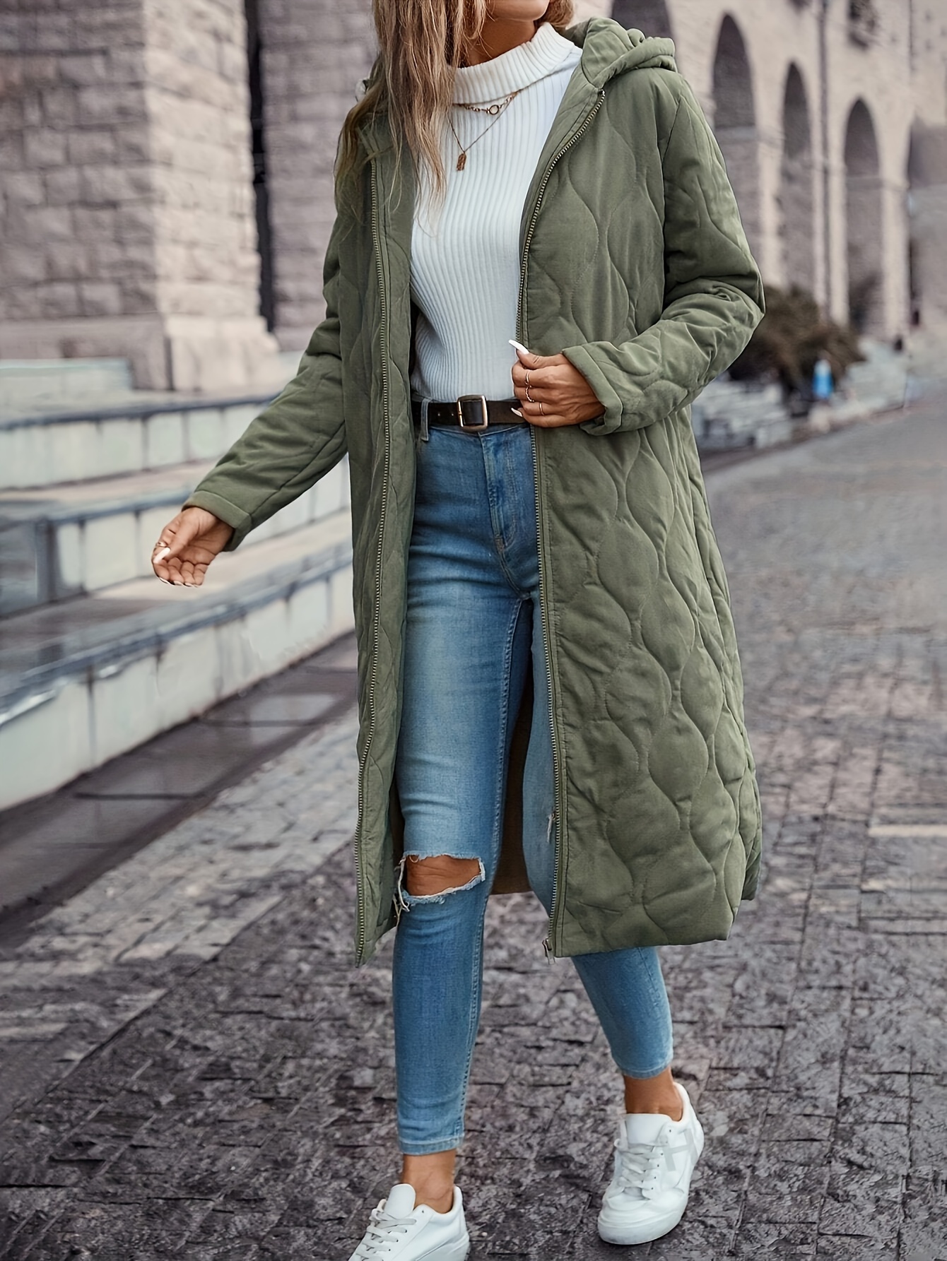 quilted long sleeve hooded down coat     zip down coat for   womens clothing matcha color 1