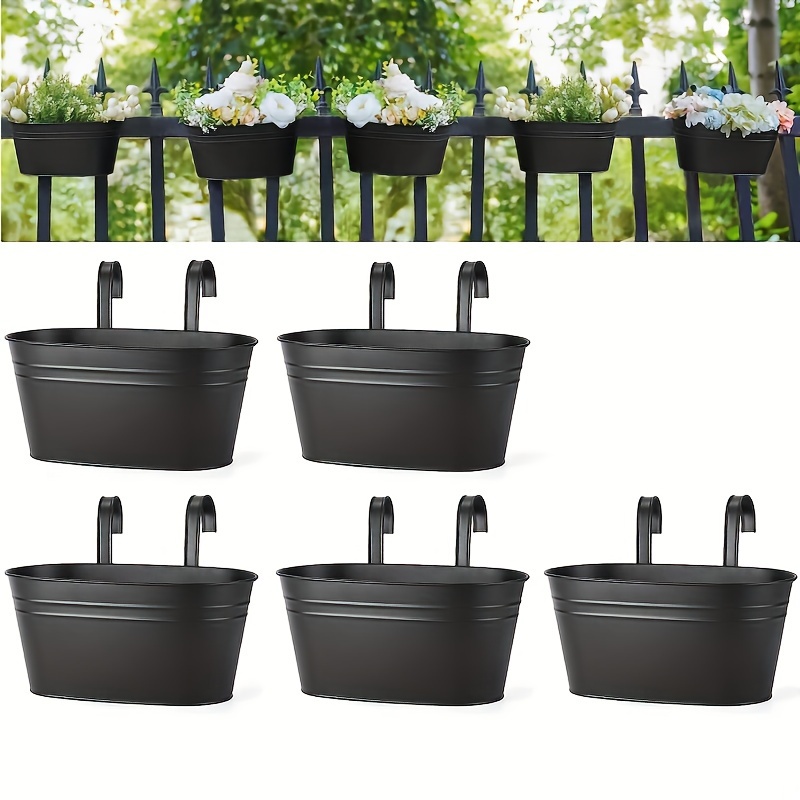 

5pcs Iron Hanging Flower Pots Hanging Planters For Outdoor Plants Metal Hanging Bucket Pots Iron Railing Fence Planter With Drainage Holes And Hooks For Porch Railing Balcony Fence