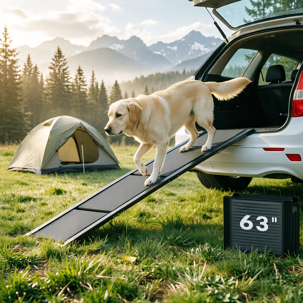 TEMU 63" Extra Long And 17.1" Wide Folding Dog Ramp For Large Dogs - Heavy Duty Up To 250 Lbs, Non-slip Portable Ramp For Suv, Truck, Car - Easy Fold