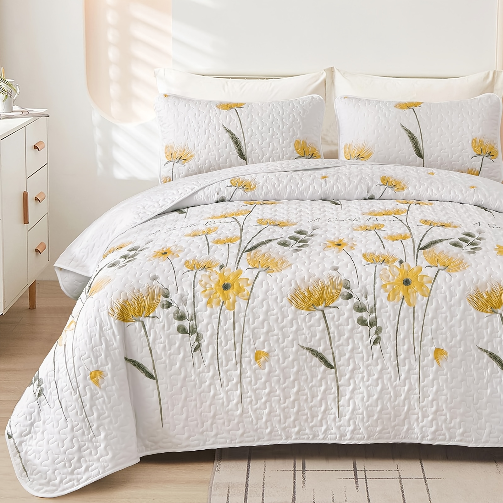 TEMU Ensemble de couette Queen Size | Couettes en microfibre à floraux jaunes, légères, housse de lit douce et réversible pour toutes , 96"x90"