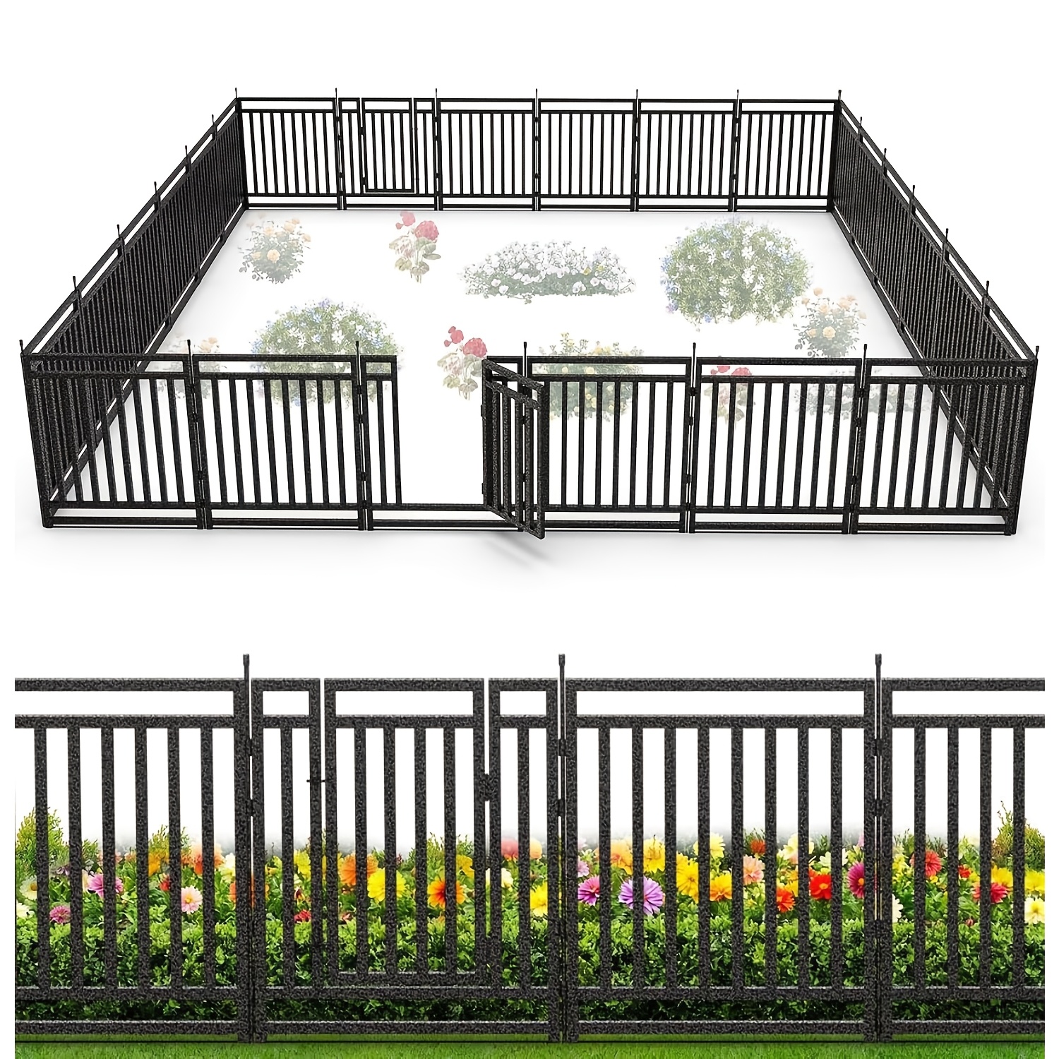 TEMU Petorldog 40" Height 16 Panels Decorative Steel Garden Fence, No Dig Outdoor Dog Barrier, Ideal For Yard, Flower Bed, Patio, Black Silvery