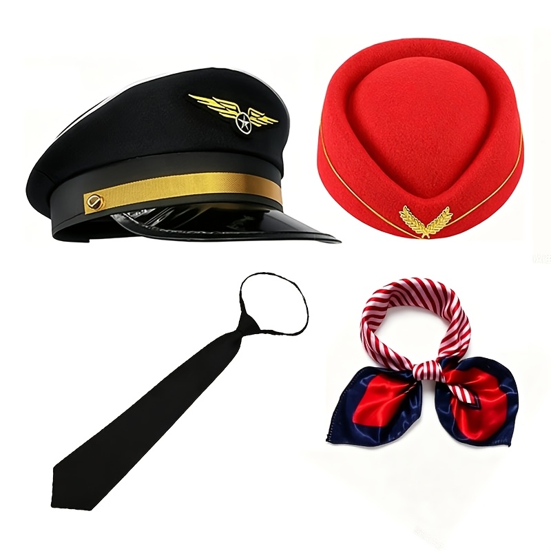 TEMU 4pcs Pilot & Costume Accessories Suitable For Role-play, Pilot Uniform With Captain Hat, / Hat, Tie & Striped Scarf For Halloween, Carnival