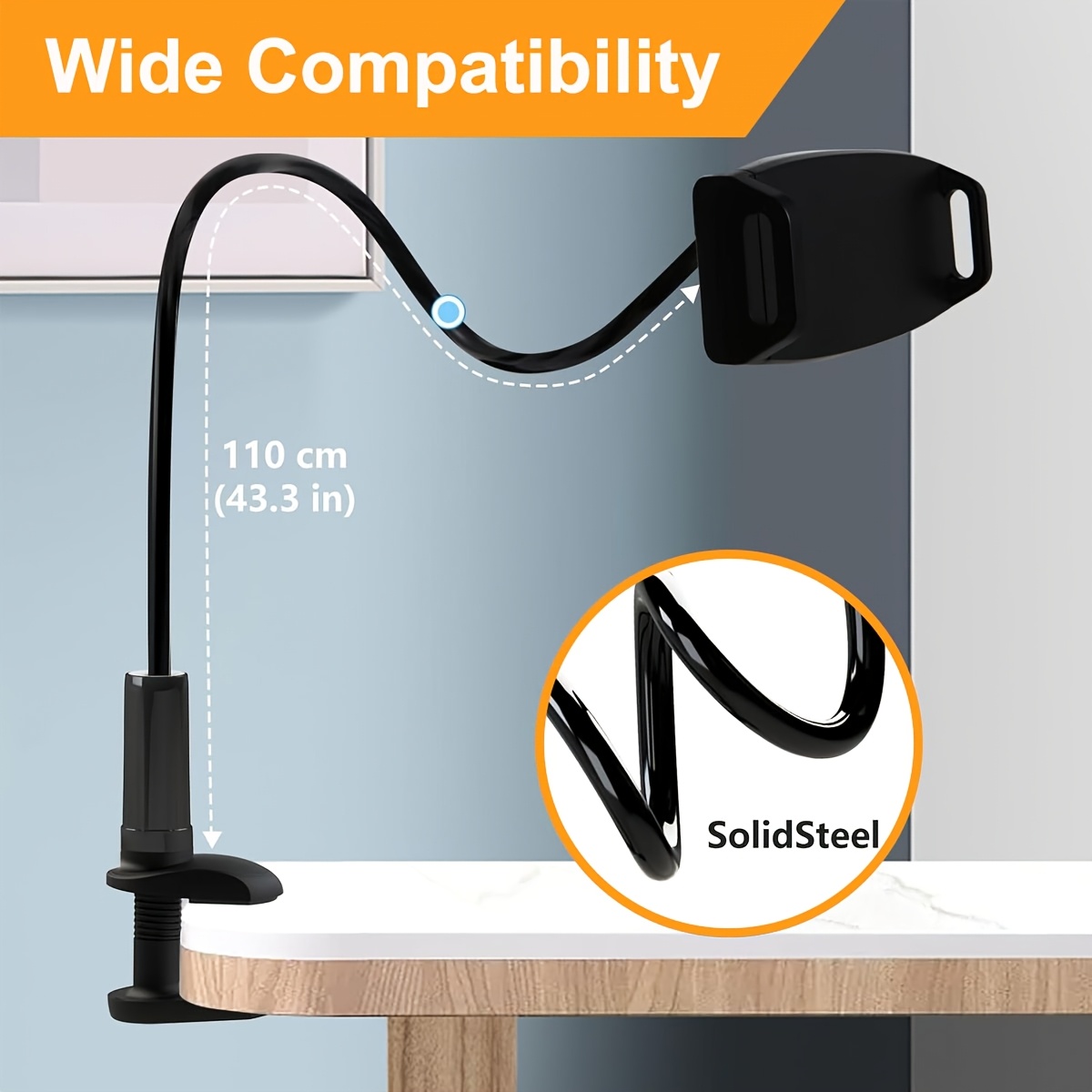 flexible phone tablet holder stand 360 rotating gooseneck arm with strong clamp adjustable desk mount for 4 7 11 inch devices hands   for bed office kitchen and home
