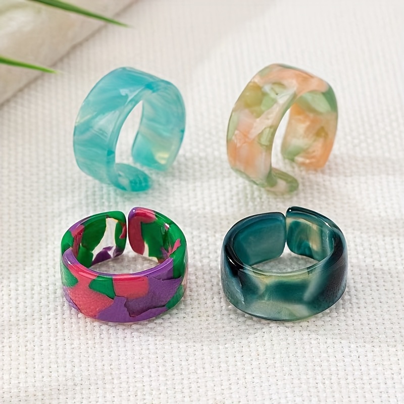 E-shop 4er Set Westlicher Mode Easy Bohemian Style Multicolor Acryl Open Ringe, Retro Easy Elegant Fashion Temperament Statement Ringe, für Teenager,
