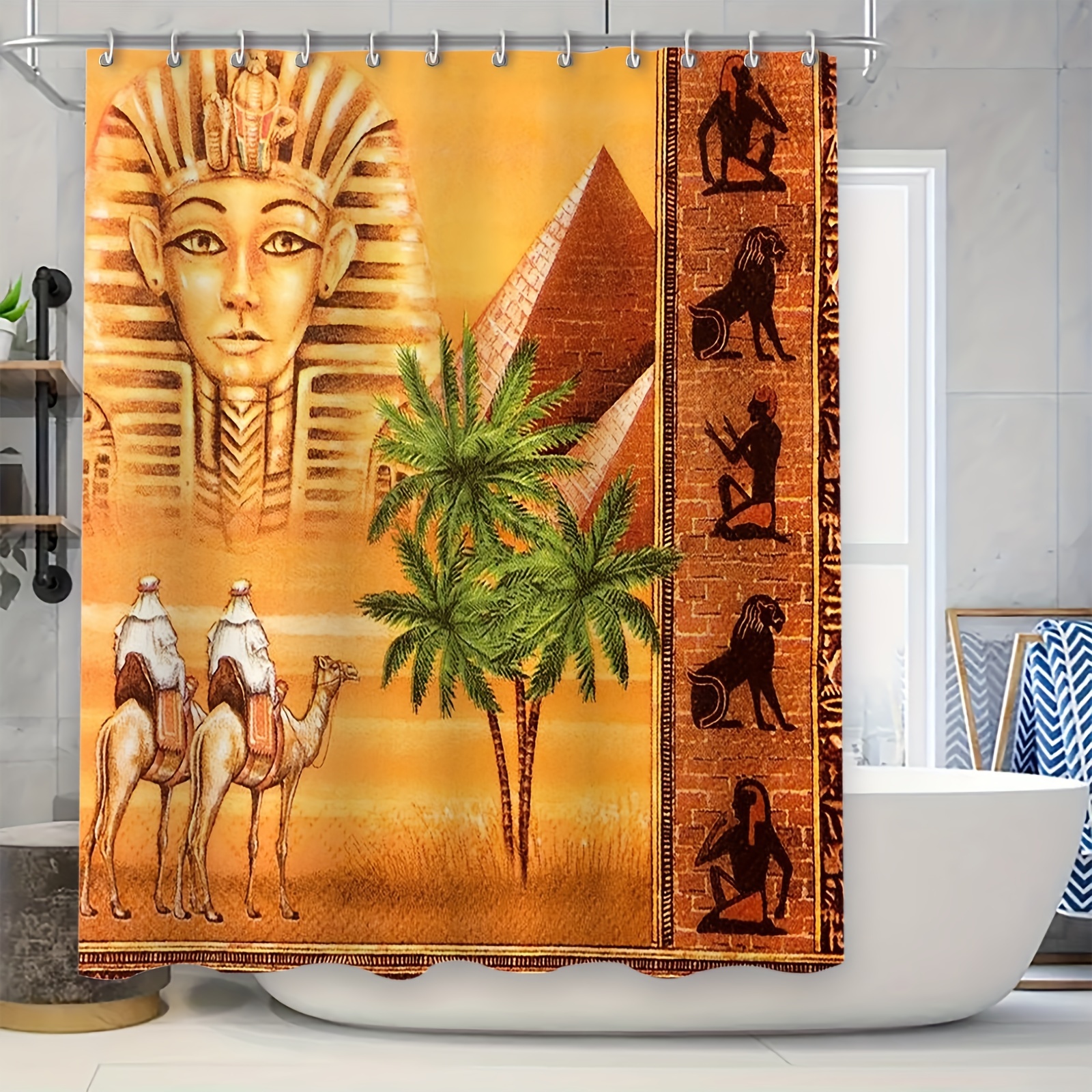 

1/4pcs Pharaoh Pyramid 2 Hanging Rings Waterproof Shower Curtain Set Floor Mat Set Modern Fashion Bathroom Partition Curtain Bathroom Anti-slip Mat Bathroom Bathtub Decorative Curtain