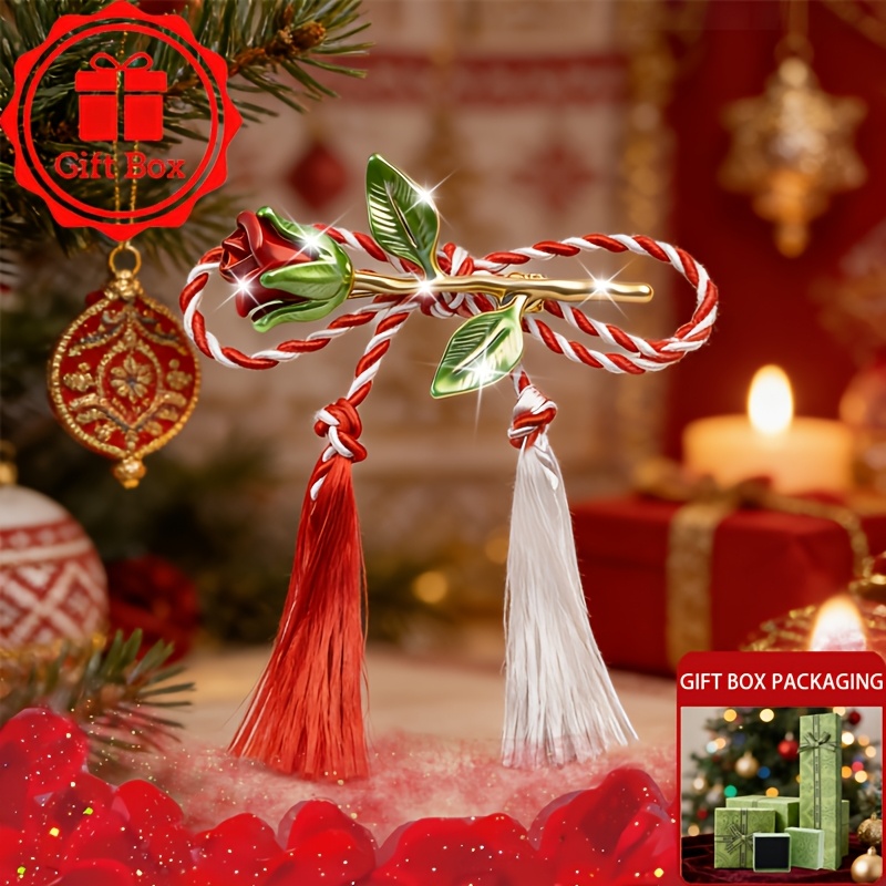 Image of 1pc Handmade Red White Tassel Rose Flower Brooch With Gift Box, Martisor 2026, Folk Style Accessory, Suitable For Holiday Gifting, Family Gatherings