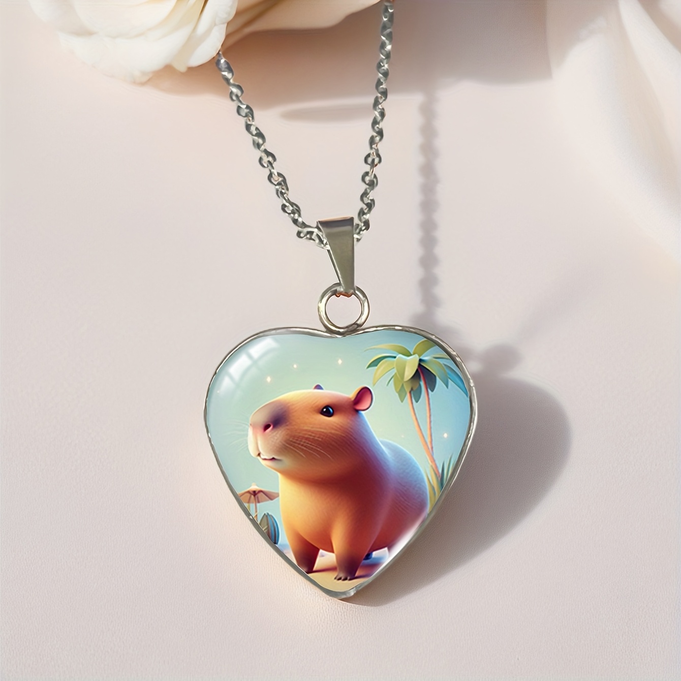 A Trendy 304 Stainless Steel Pendant Necklace Featuring A Capybara In A Heart-shaped Design, Perfect As A Gift For Birthdays And Parties