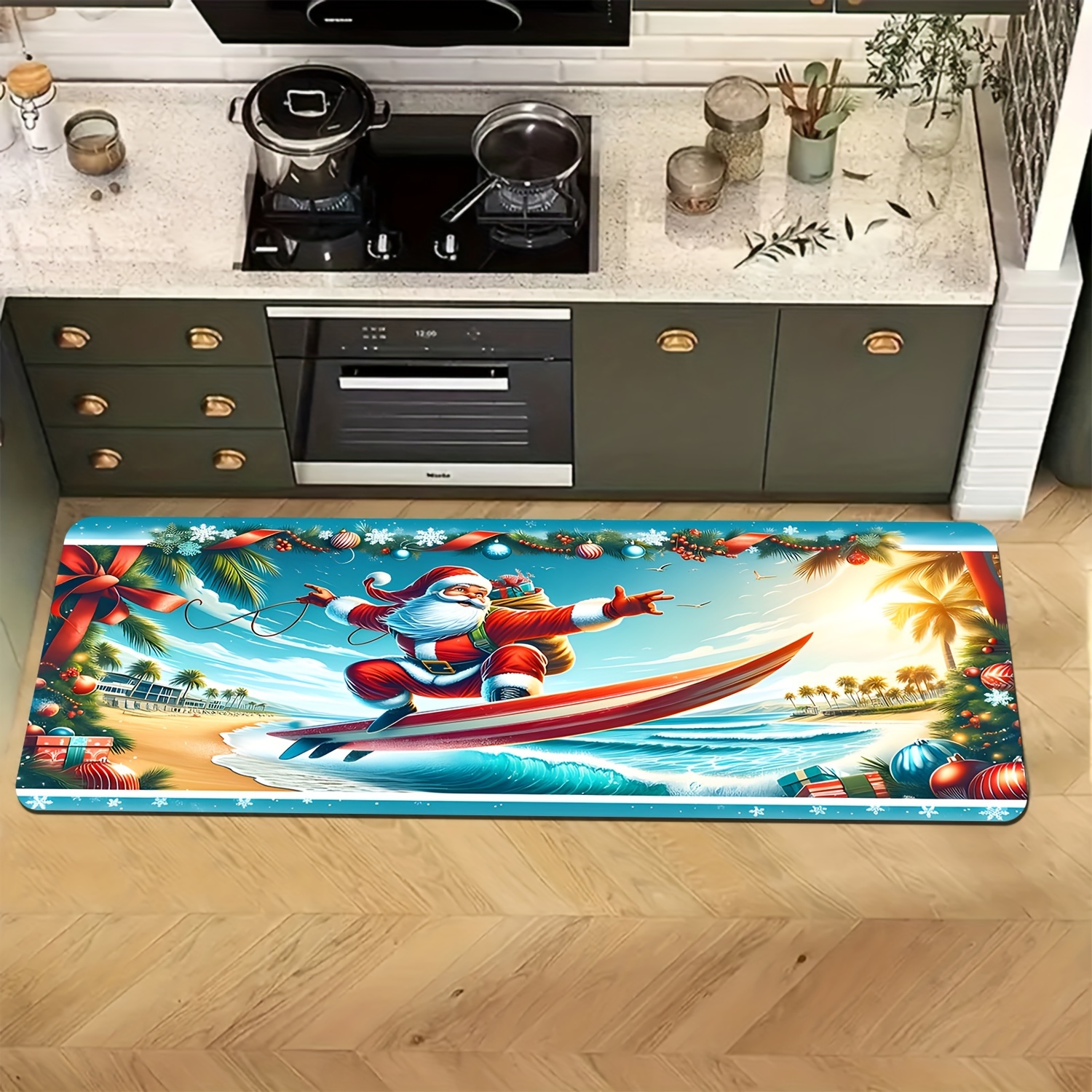 

Santa Surfing In Hawaii Non-slip Kitchen Rug - Machine Washable, Fade-resistant, Living Room, Bedroom, And More - Ideal Holiday Gift, Christmas Decor