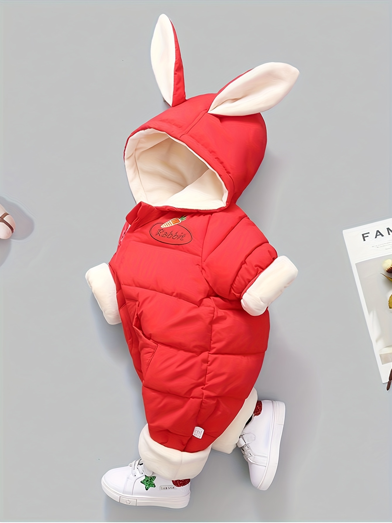 Cozy Cute Winter Hooded Baby Jumpsuit with Bunny Ears Warm Polyester  Romper for Girls, Pink or Red, Machine Washable Cold Weather Baby Girl 