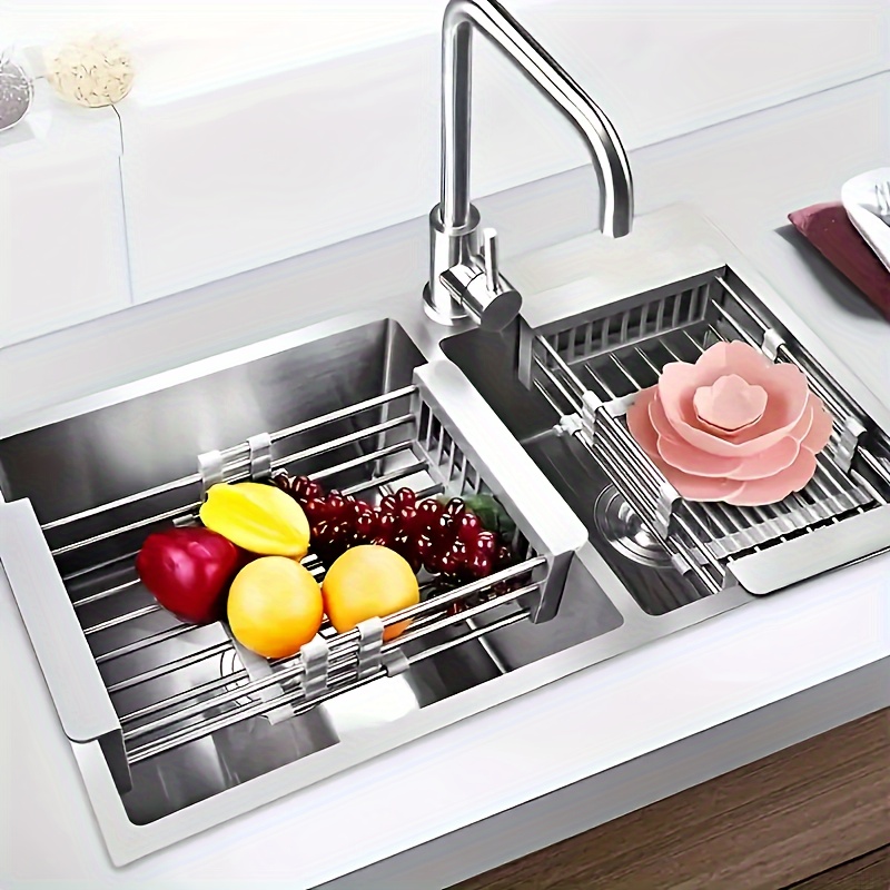 

1pc Stainless Steel Kitchen Sink Organizer Rack, Adjustable Over-the-sink Dish Drainer With For Dishes, Vegetables, And Sponge Storage