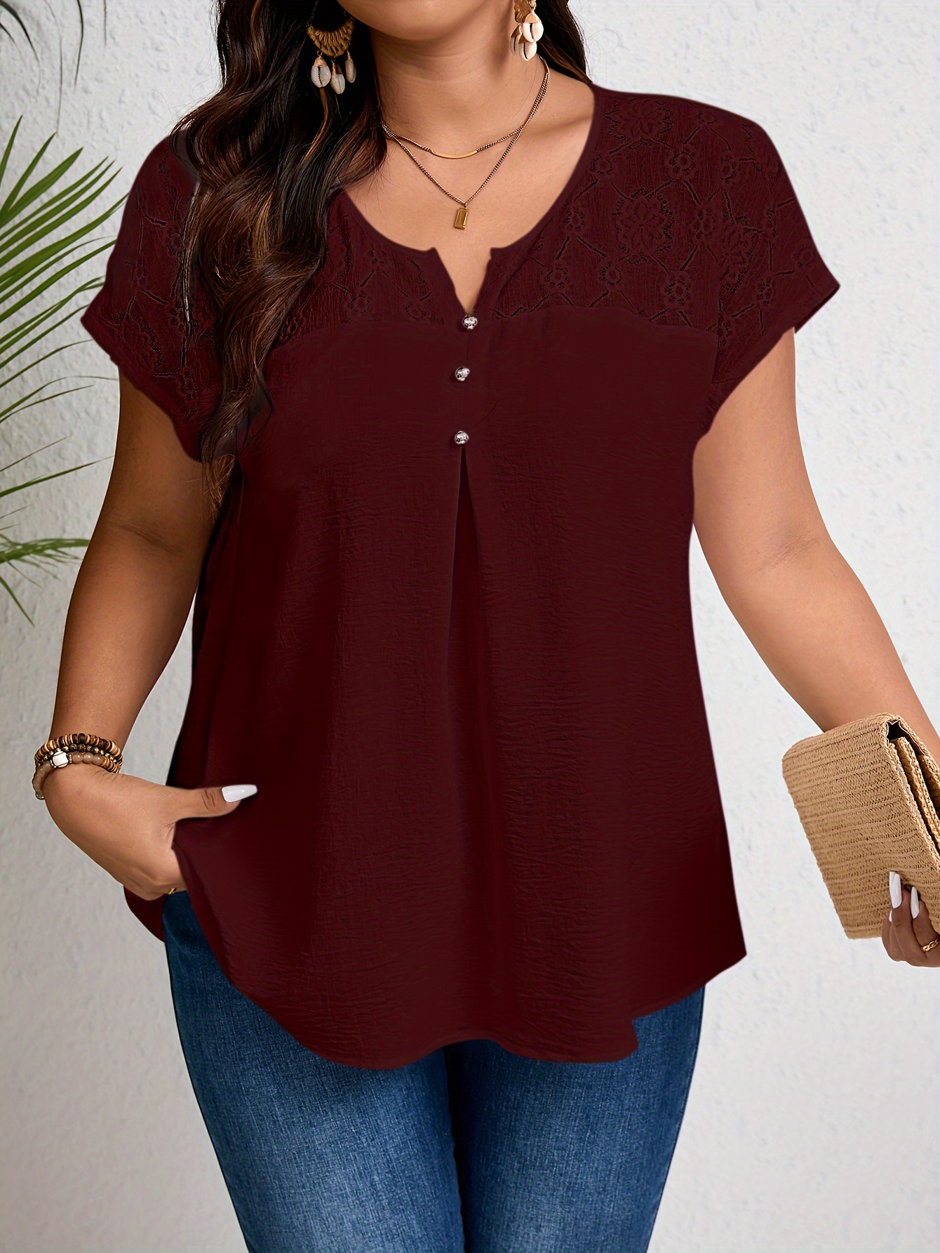 Women'S Plus Size Casual Top - Elegant Maroon Blouse with Contrast Lace Detail, Non-Stretch Fabric, Perfect for Spring/Summer/Fall, Plus Size Blouses