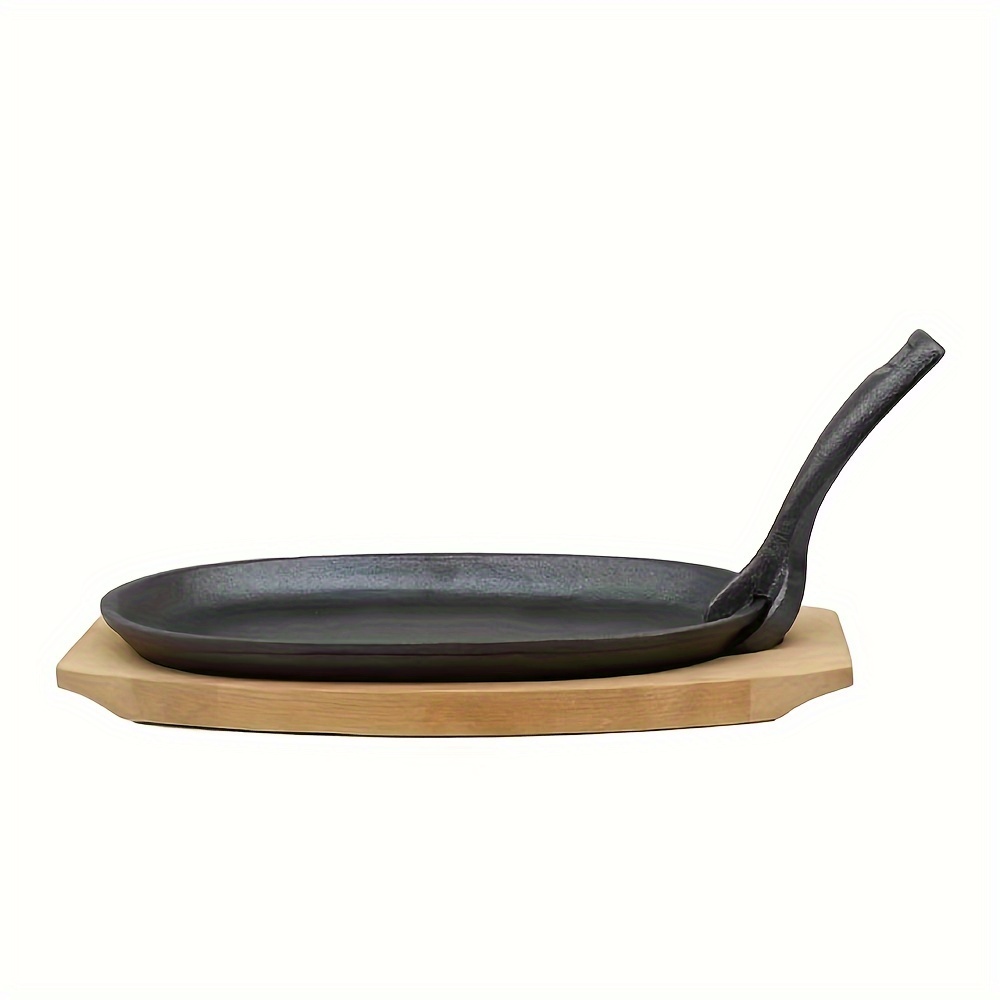 cast   set oval non stick frying pan with wooden base and iron fork for steak griddle cooking   thickened for home use details 2