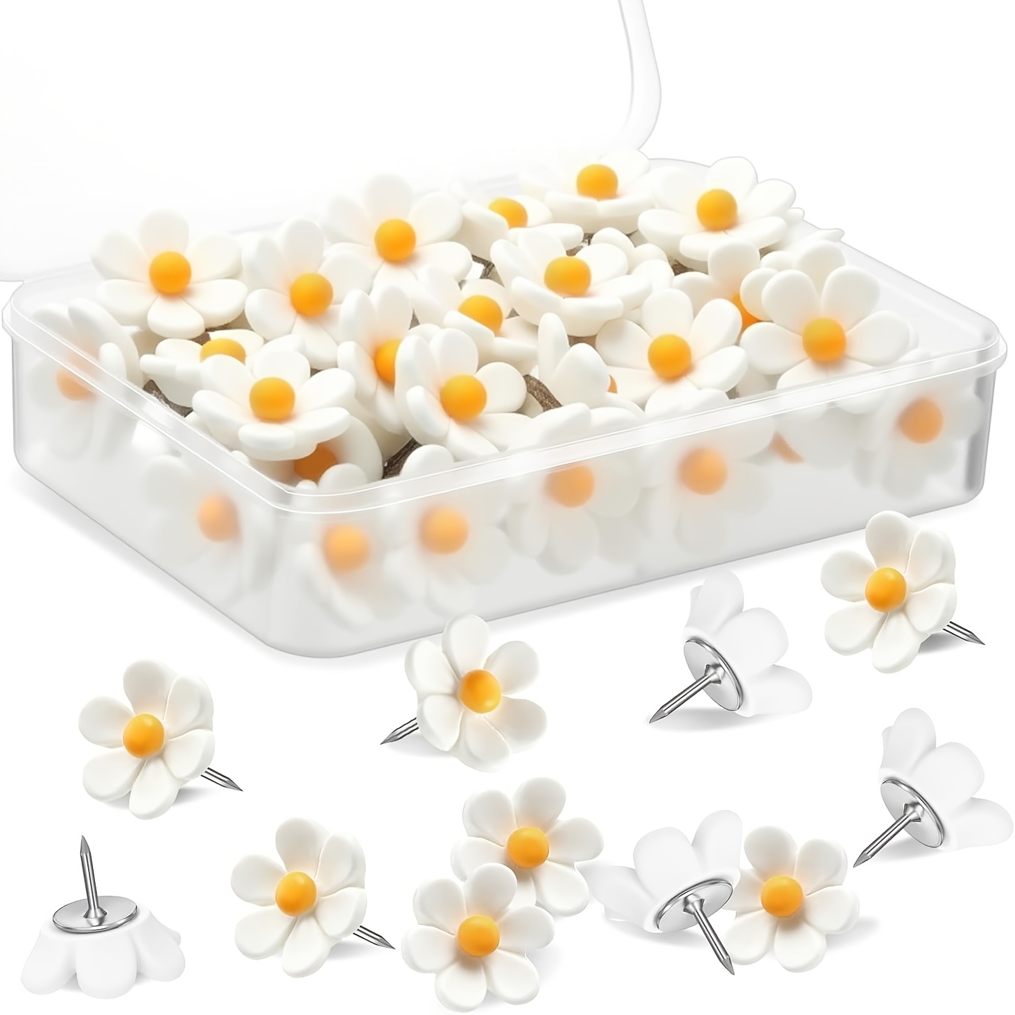 E-shop 23 Stück Blumen--Stifte - Weiß mit gelben Mittelpunkten, Robuste ABS-Weichholz-Platten-Stifte für Foto-Wand, Karte, Pinnwand, Büro- & ,