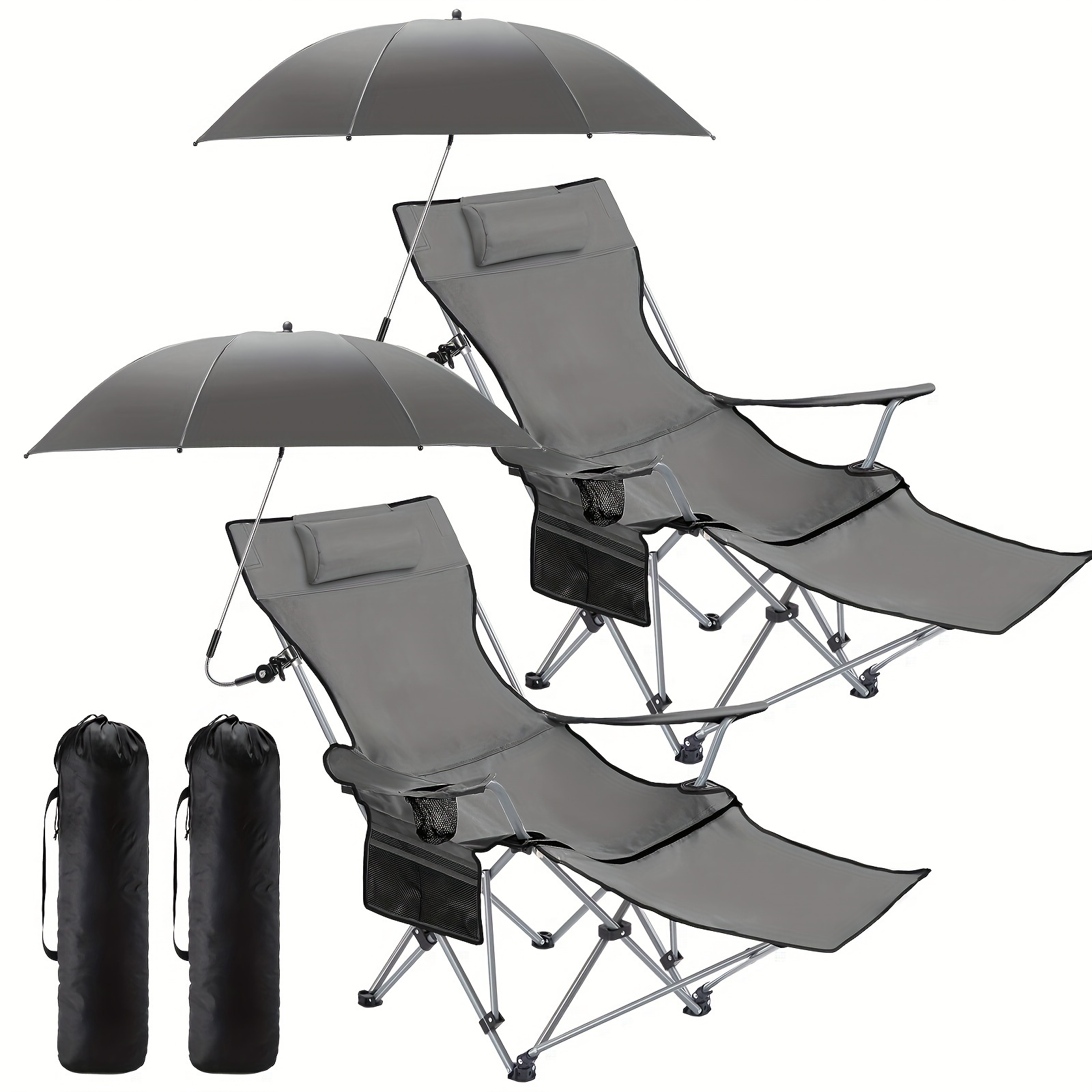 TEMU 2 Set Camping Chair With Umbrella, Reclining Camping Chair With Foot Rest, Adjustable Chair Umbrella With Clamp, Spf 50+, Folding Mesh Camping Lounger Chair For Outdoor