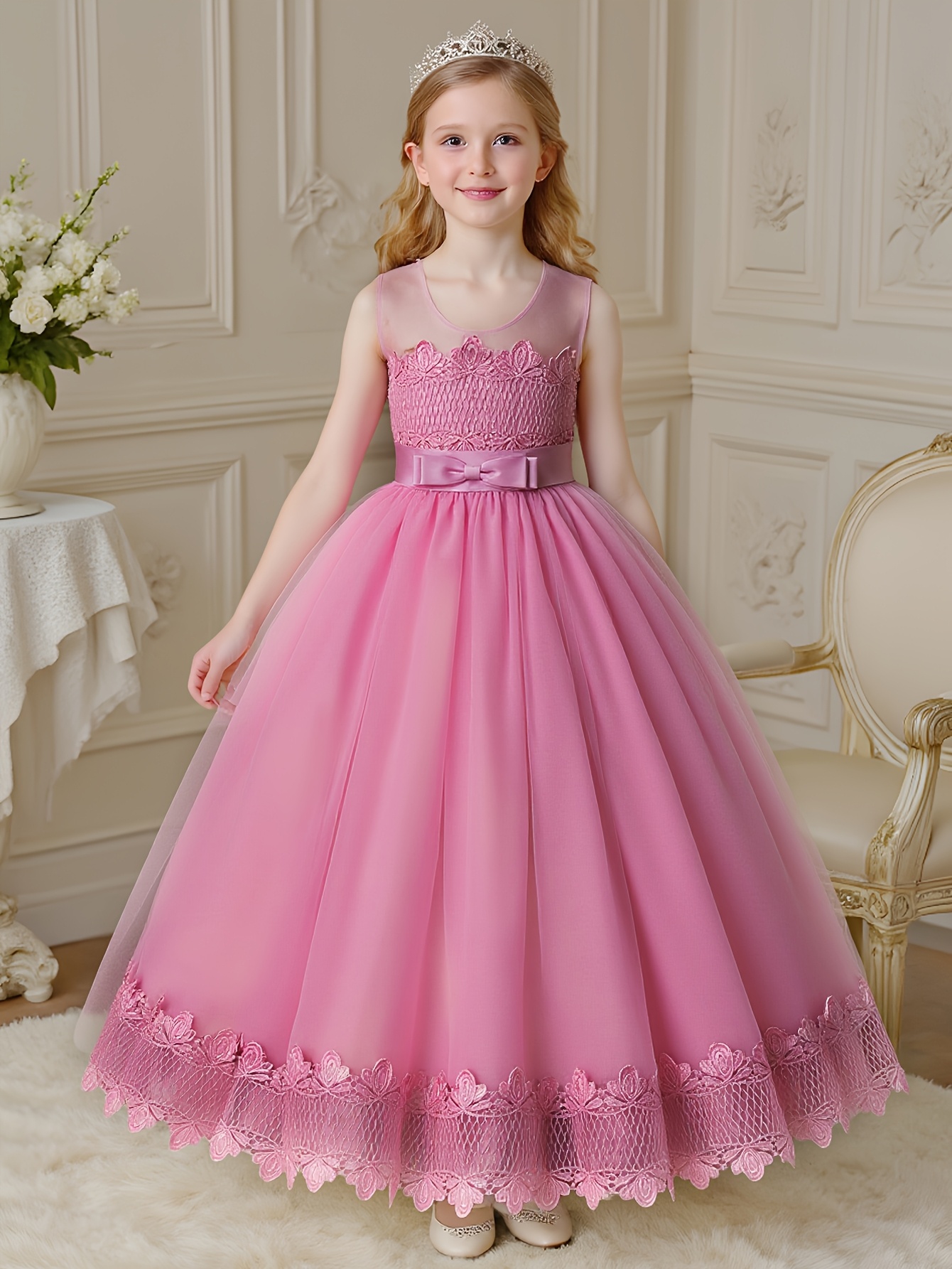 Elegant Girls' Dress Summer Tulle Skirt Solid Color Birthday Dress Long  Length Premium Lace * Gown Sleeveless Princess Dress for Holiday Events And  Performances