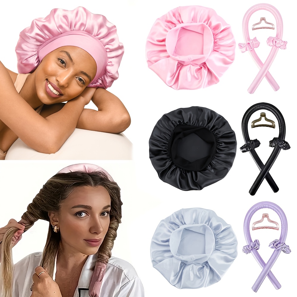 

1set Silk Satin Sleep Cap Set For Women - Hypoallergenic Hair Care Kit With Clips, Hair Rings, Headbands, Manual Curlers For Long, Relaxed Hair - Unscented Hair Accessories