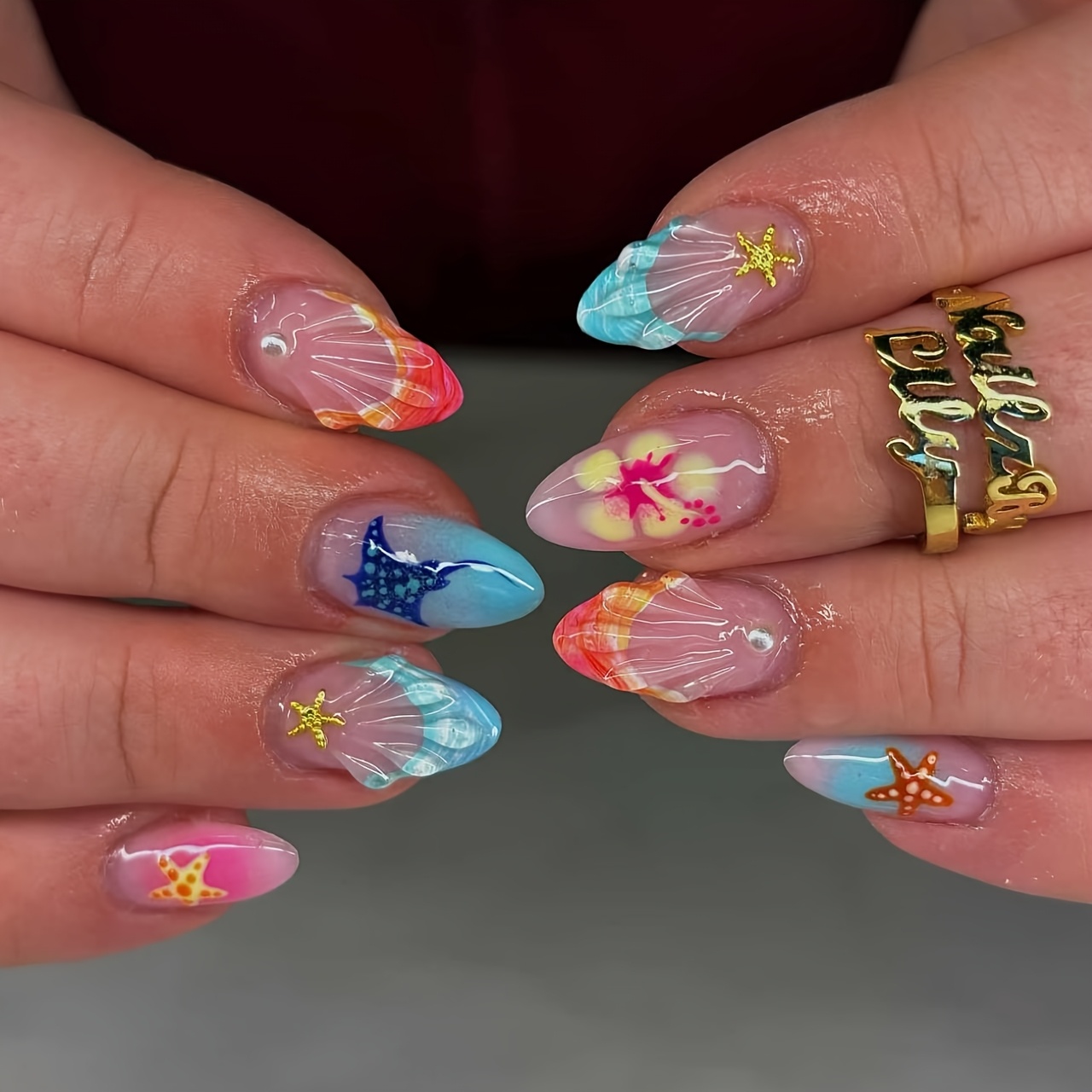 Image of Nail Art Gradient Devil Fish Starfish Wearing Armor 24pcs Droplet Shaped Vacation Beach Atmosphere Long Detachable Fake Nails Suitable For Daily Use By Women And